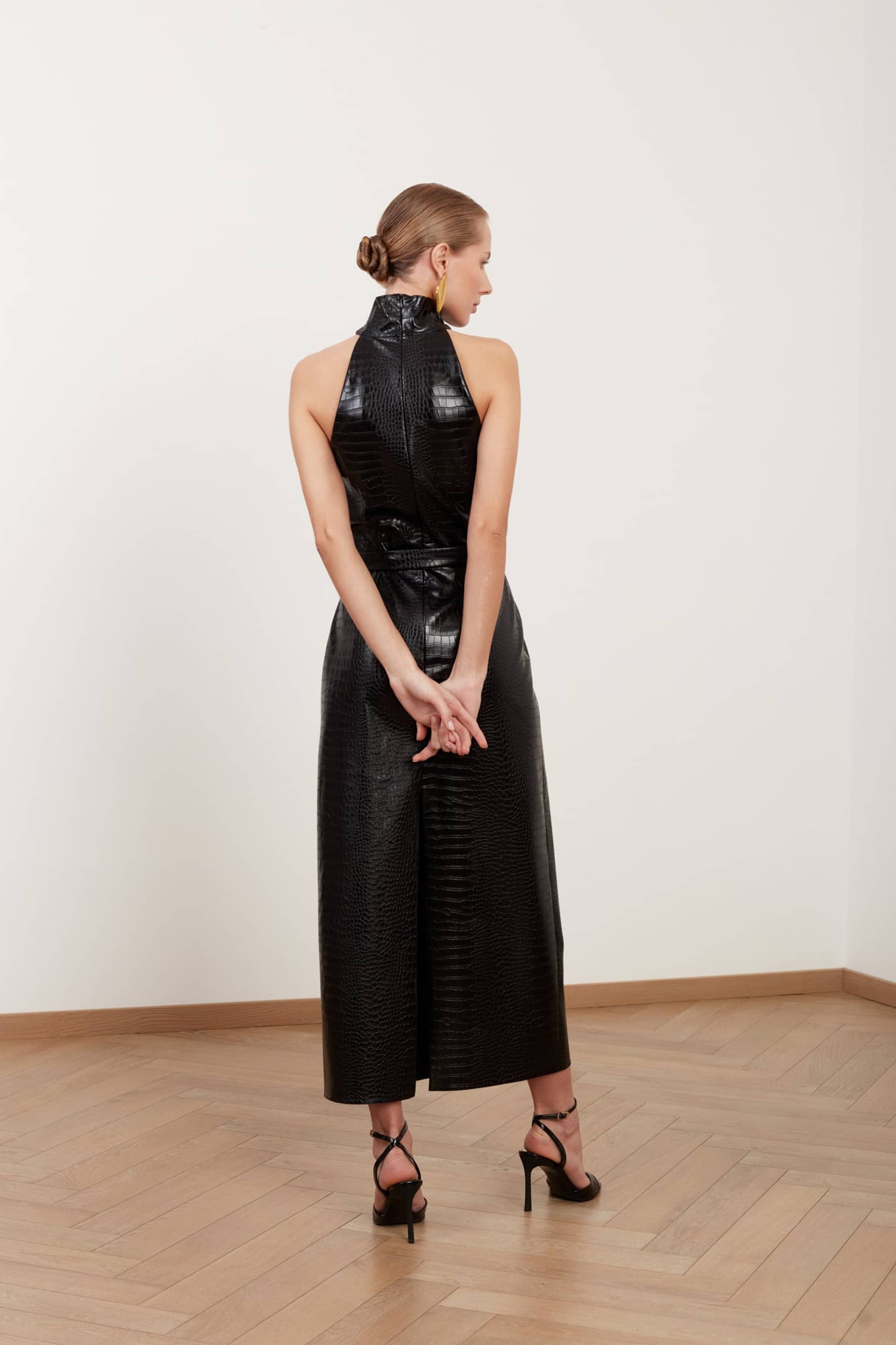 SENSA black textured vegan leather midi dress with turtleneck made by UNDRESS