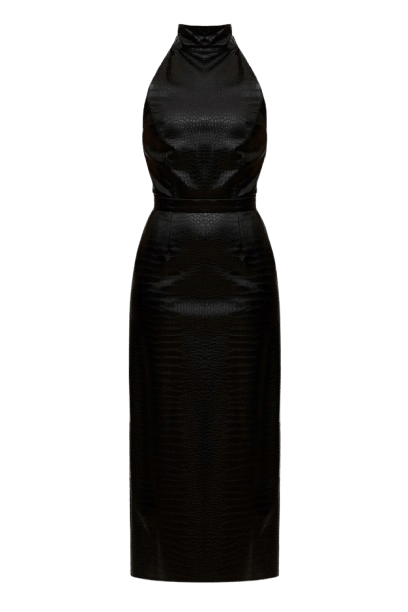 SENSA black textured vegan leather midi dress with turtleneck made by UNDRESS