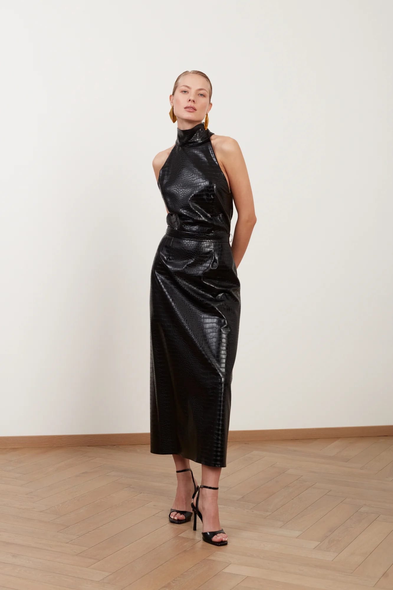 SENSA black textured vegan leather midi dress with turtleneck made by UNDRESS