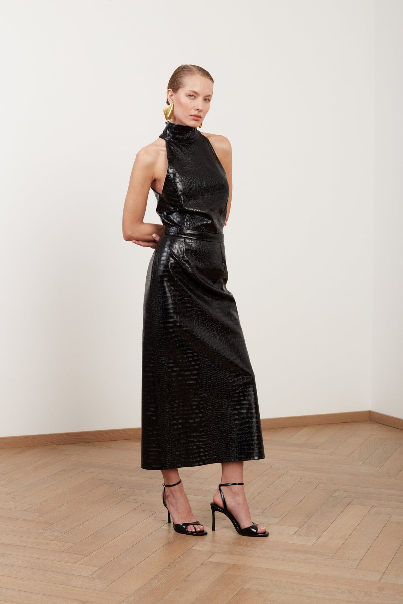 SENSA black textured vegan leather midi dress with turtleneck made by UNDRESS