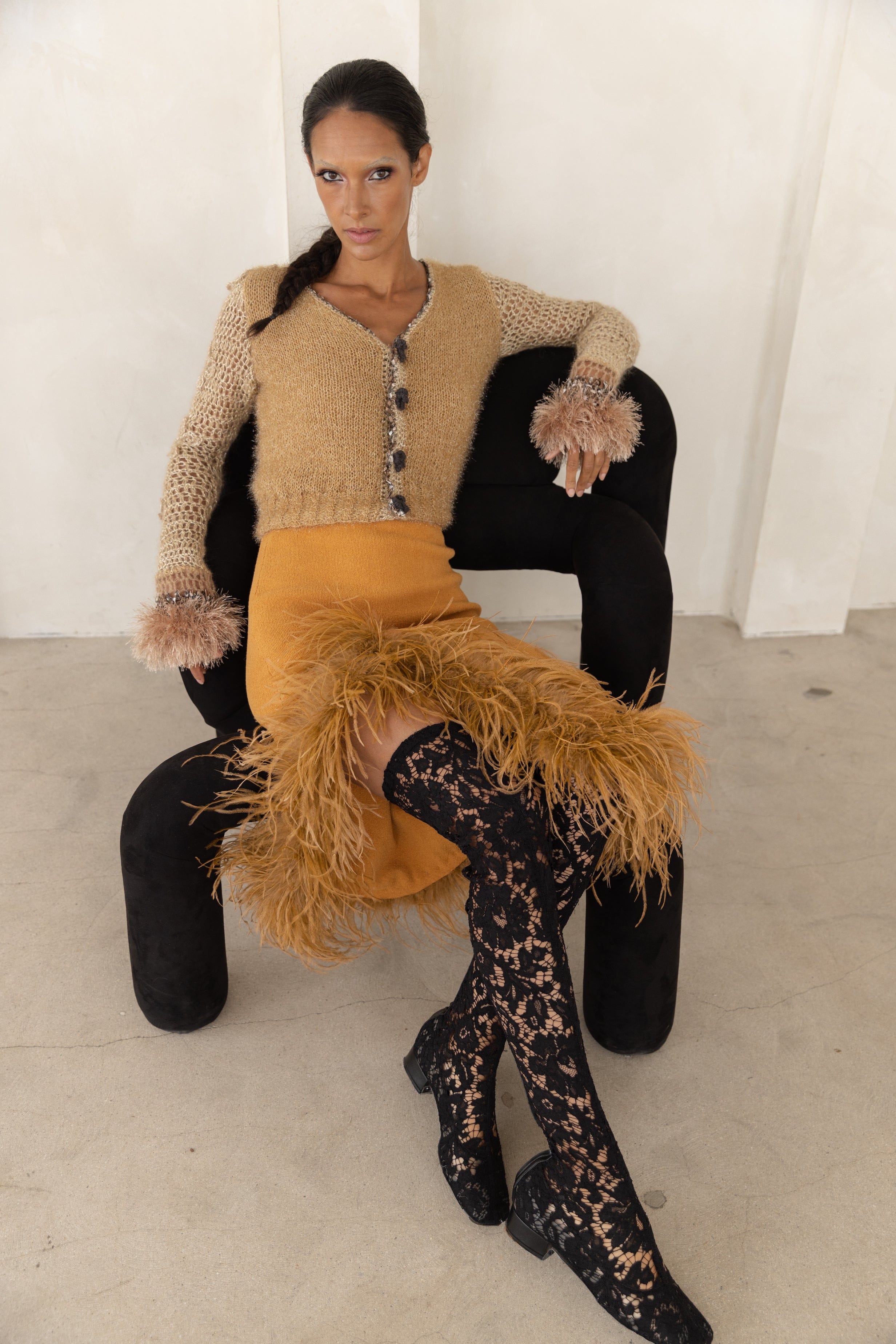 Camel Knit Skirt With Feathers made by ANDREEVA