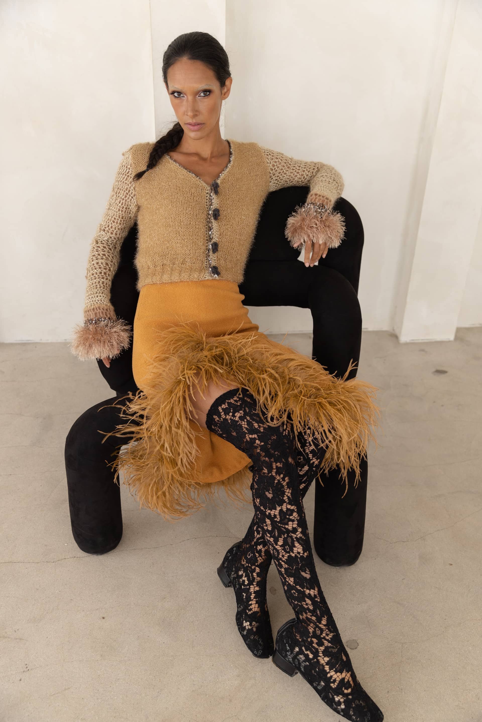 Camel Knit Skirt With Feathers made by ANDREEVA