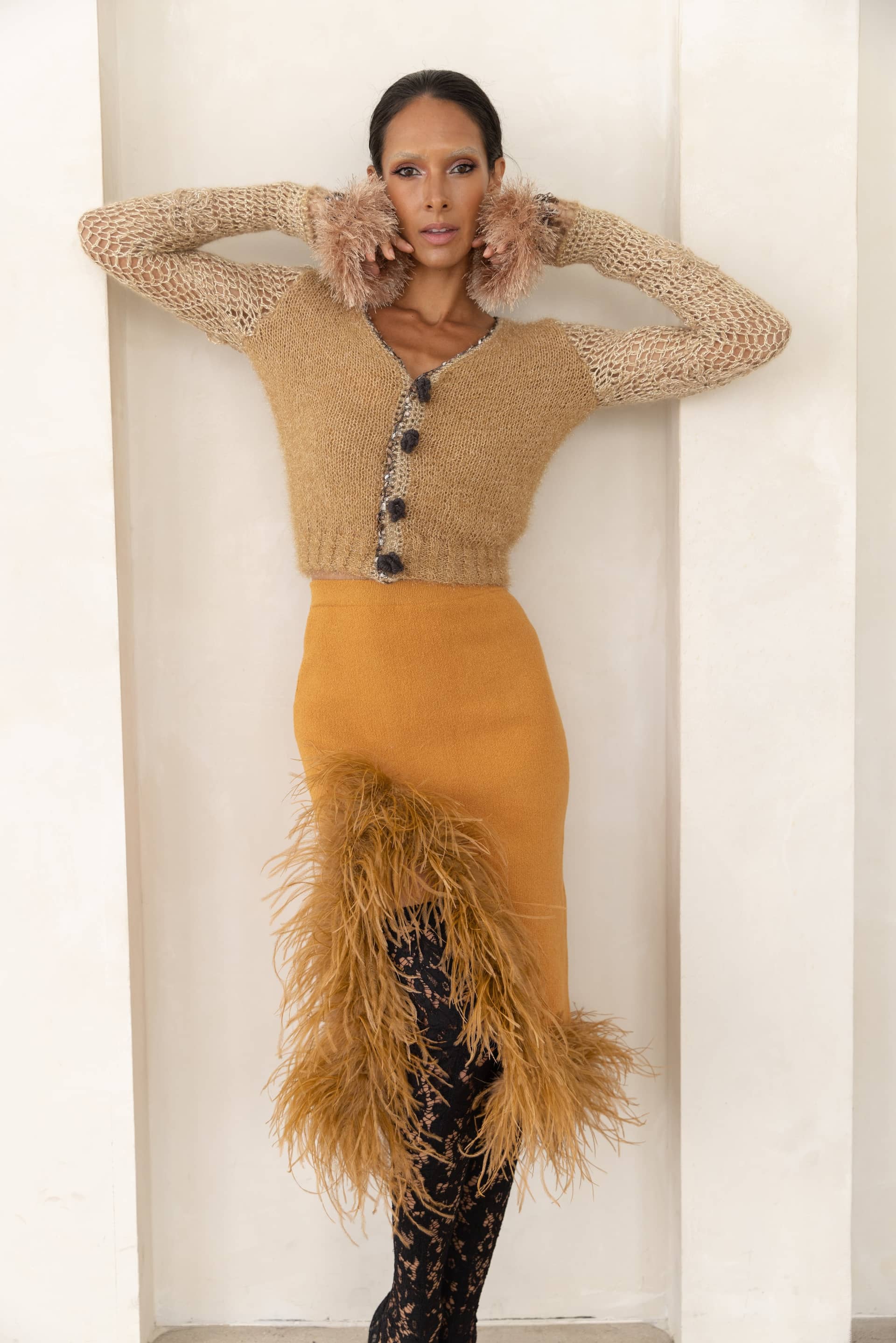 Camel Knit Skirt With Feathers made by ANDREEVA