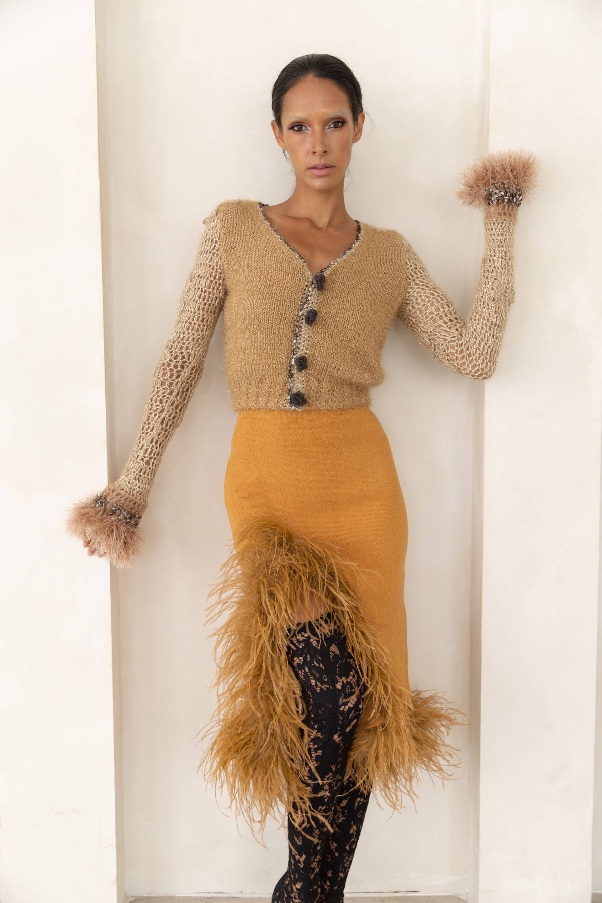 Camel Knit Skirt With Feathers made by ANDREEVA