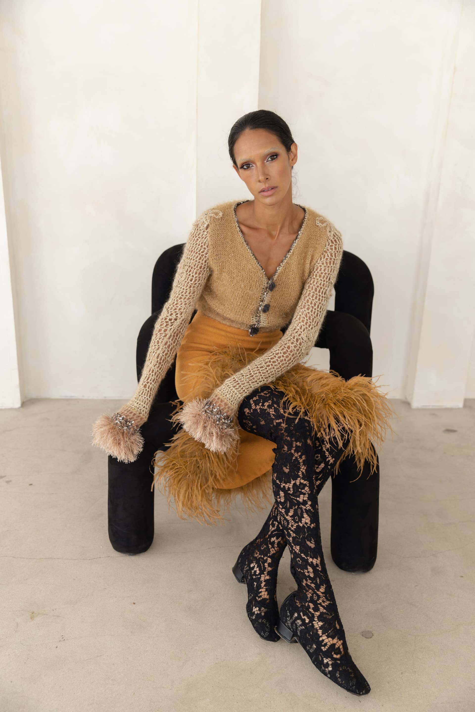 Camel Knit Skirt With Feathers made by ANDREEVA