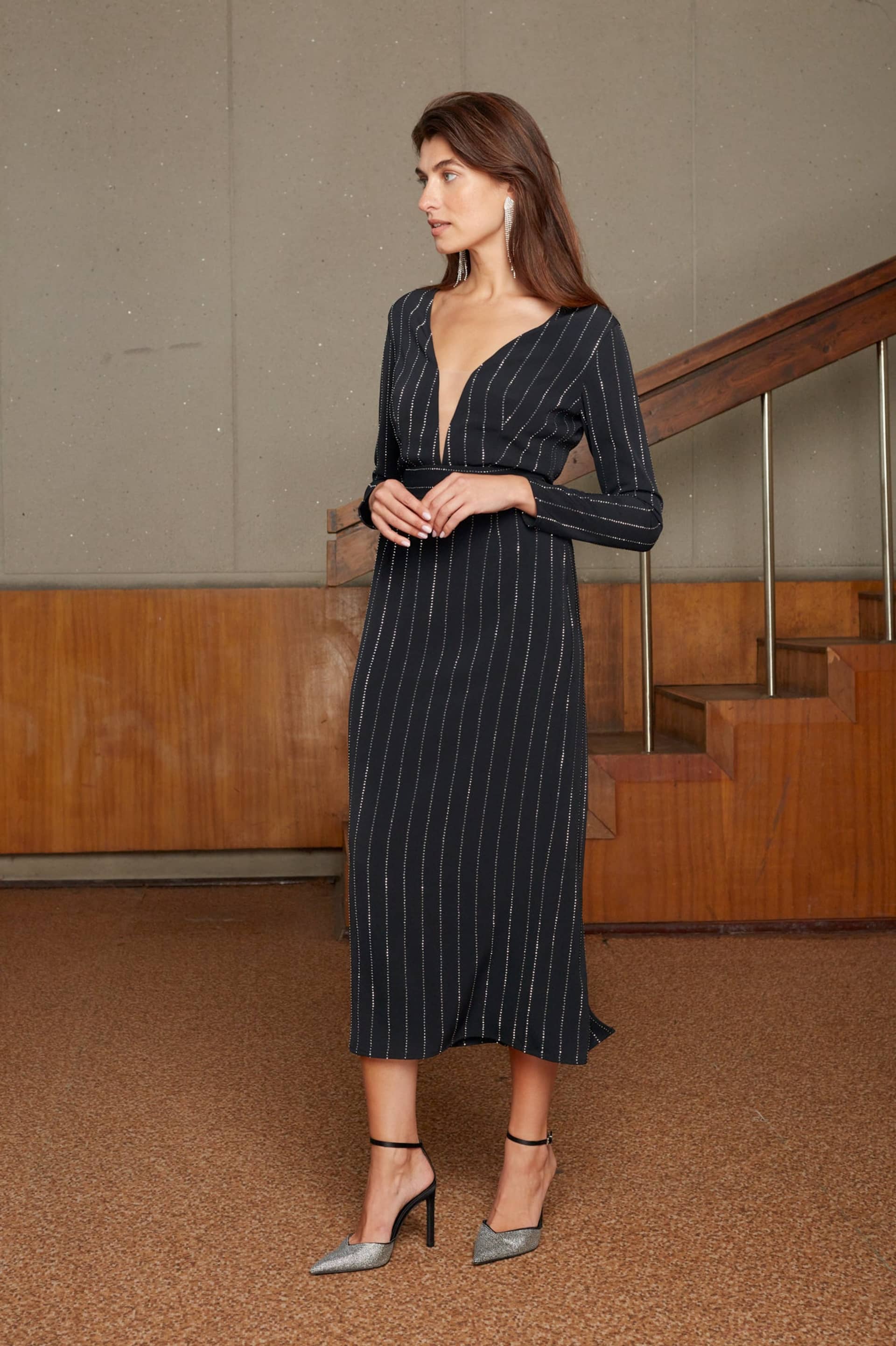 MEERA black rhinestone stripes fabric V neck dress made by UNDRESS