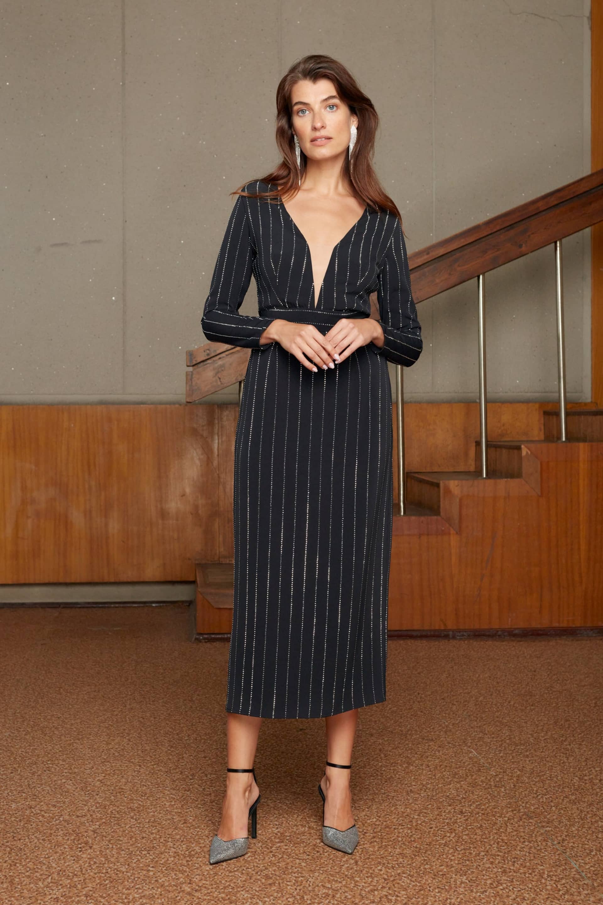 MEERA black rhinestone stripes fabric V neck dress made by UNDRESS