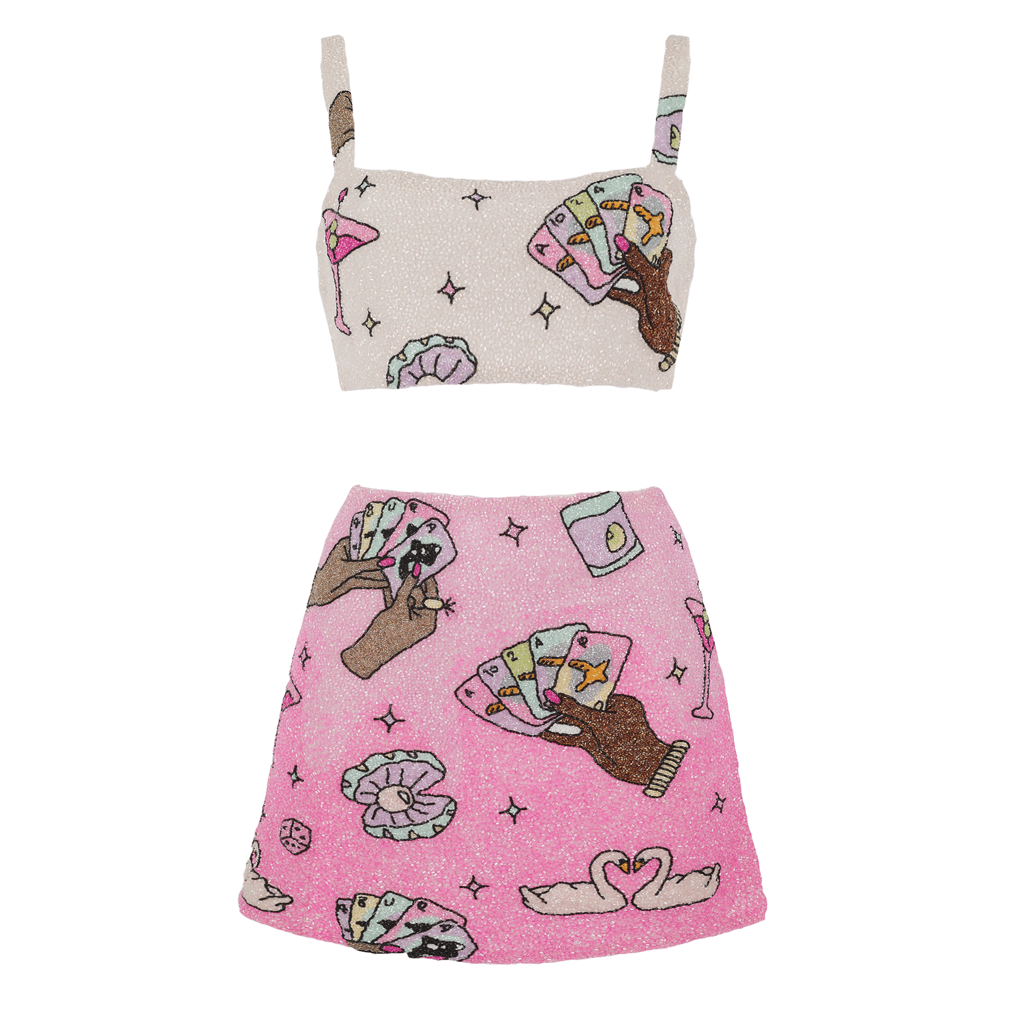 Vegas Beaded Mini Pink Party Beach Co-ord in Pink made by Oceanus Swimwear