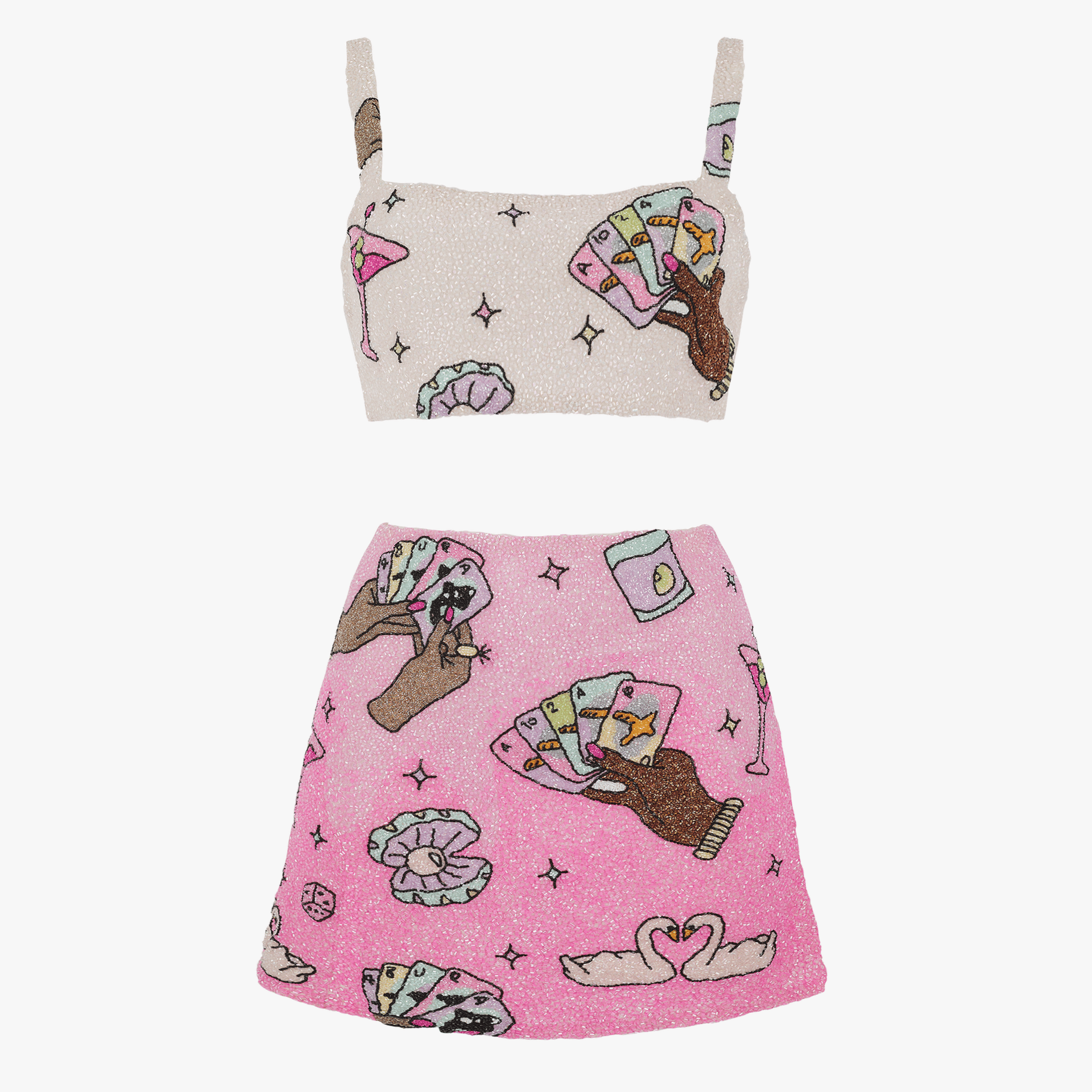 Vegas Beaded Mini Pink Party Beach Co-ord in Pink made by Oceanus Swimwear