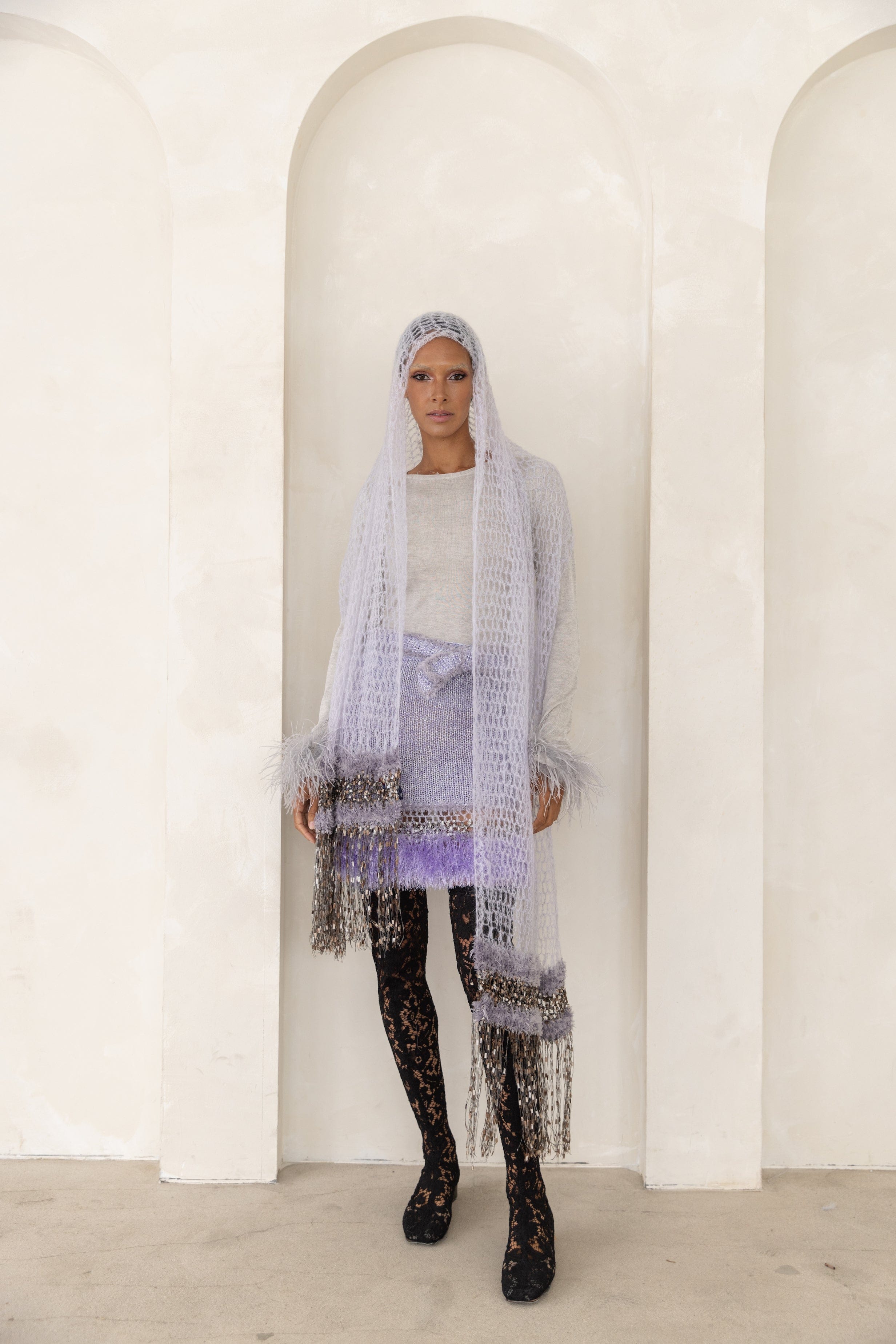 Light Grey Handmade Knit Midi Skirt in Purple made by ANDREEVA