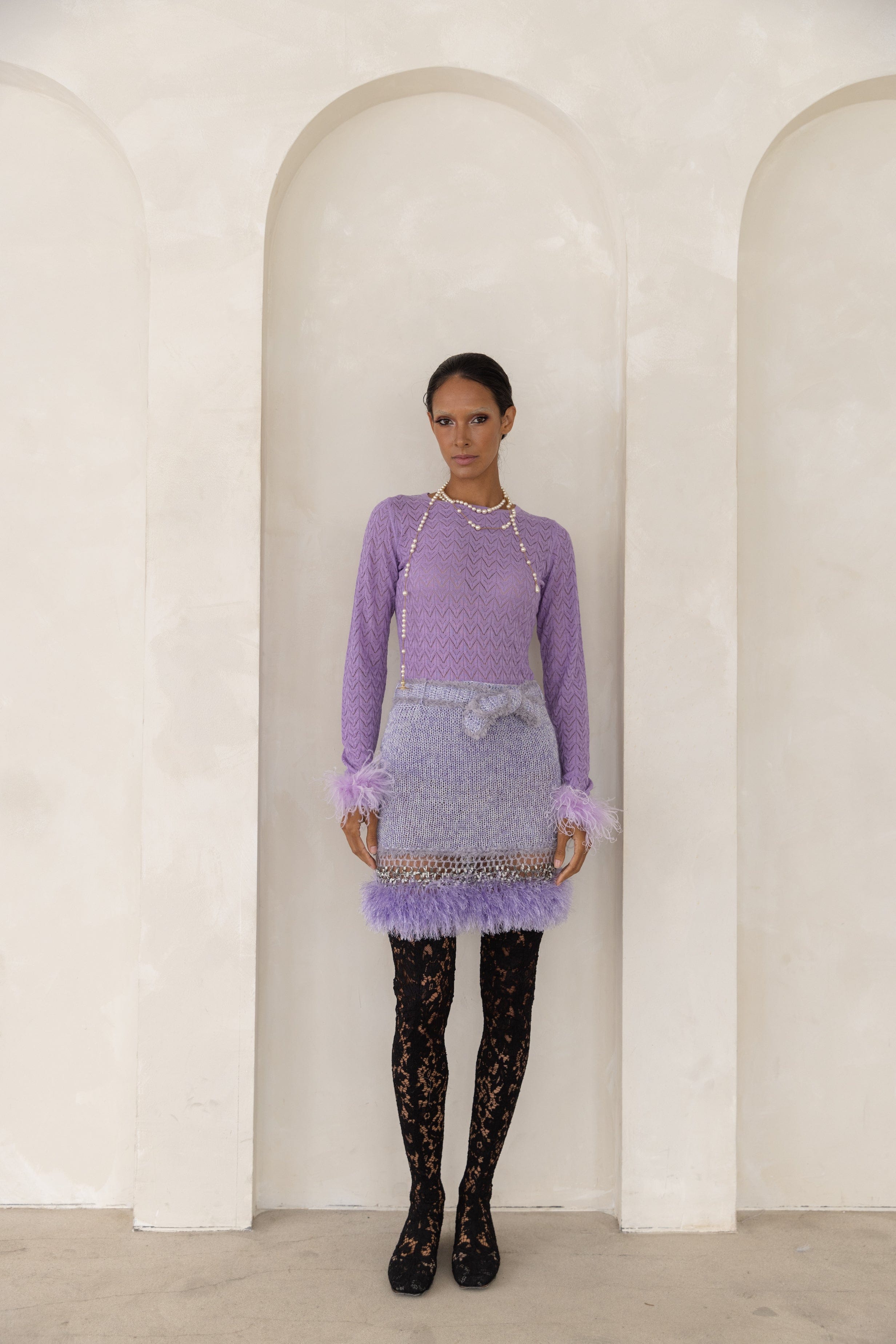 Light Grey Handmade Knit Midi Skirt in Purple made by ANDREEVA