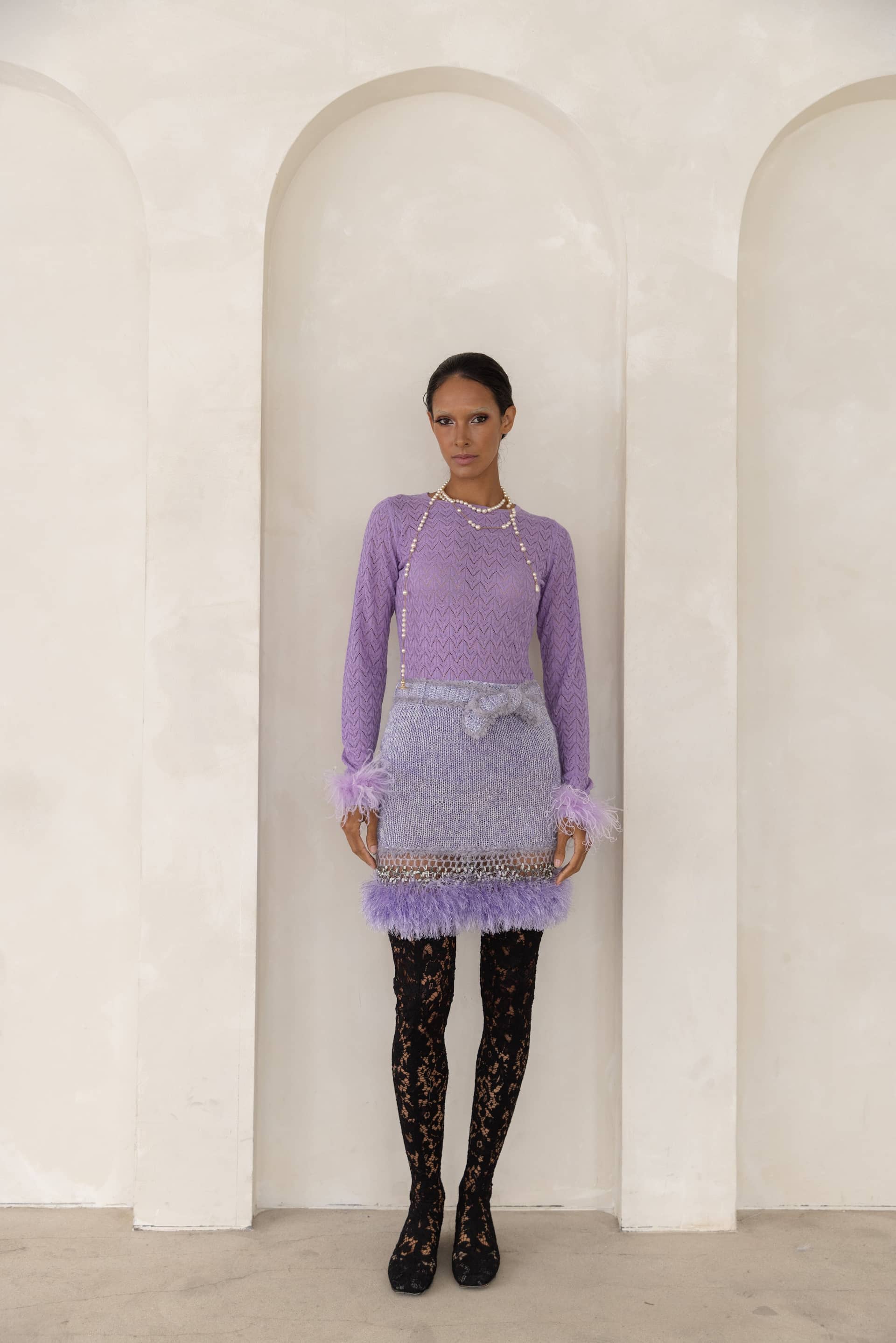 Light Grey Handmade Knit Midi Skirt in Purple made by ANDREEVA