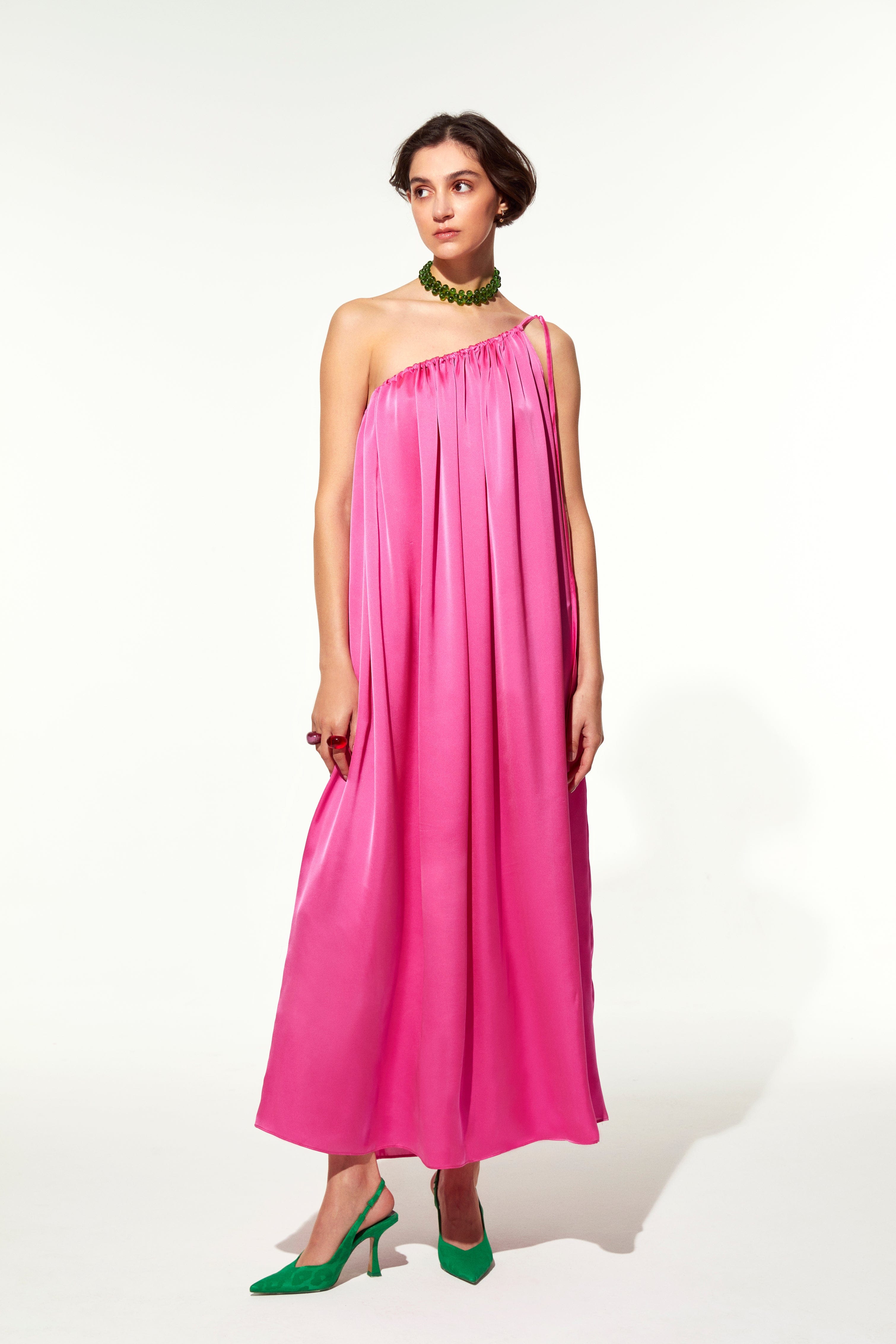 Chrissy One Shoulder Satin Maxi Dress in Pink made by Nazli Ceren