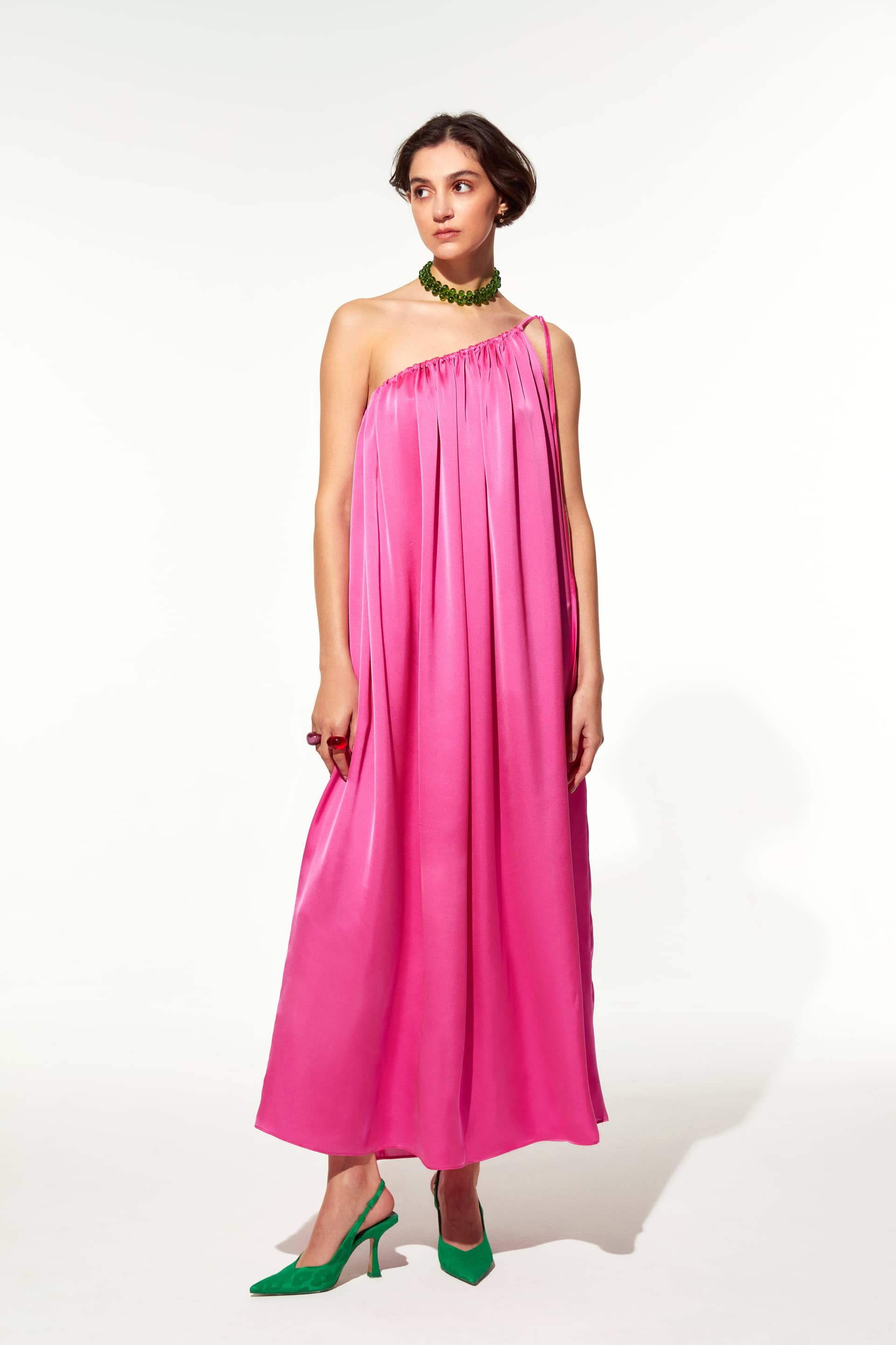 Chrissy One Shoulder Satin Maxi Dress in Pink made by Nazli Ceren