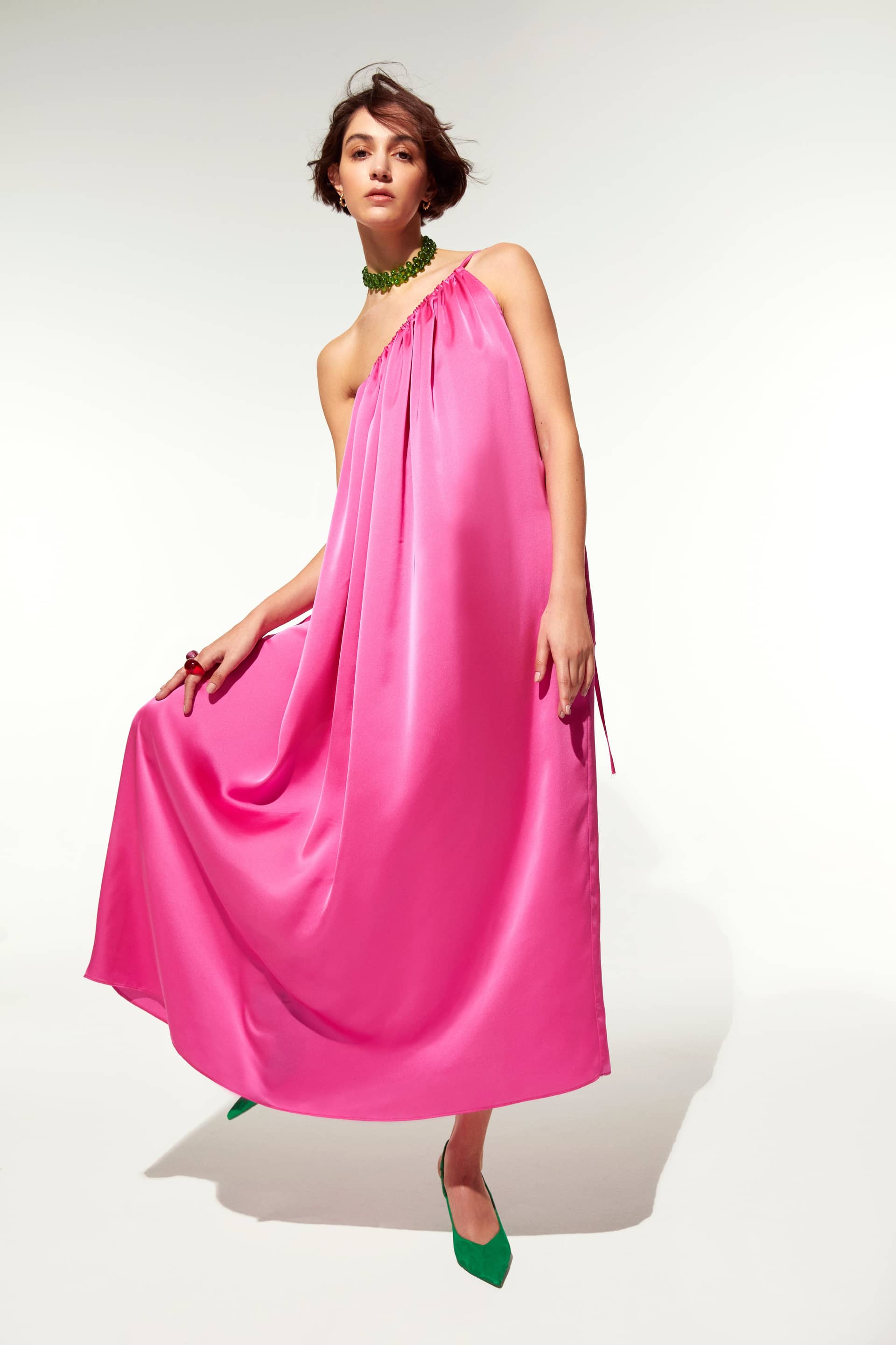 Chrissy One Shoulder Satin Maxi Dress in Pink made by Nazli Ceren