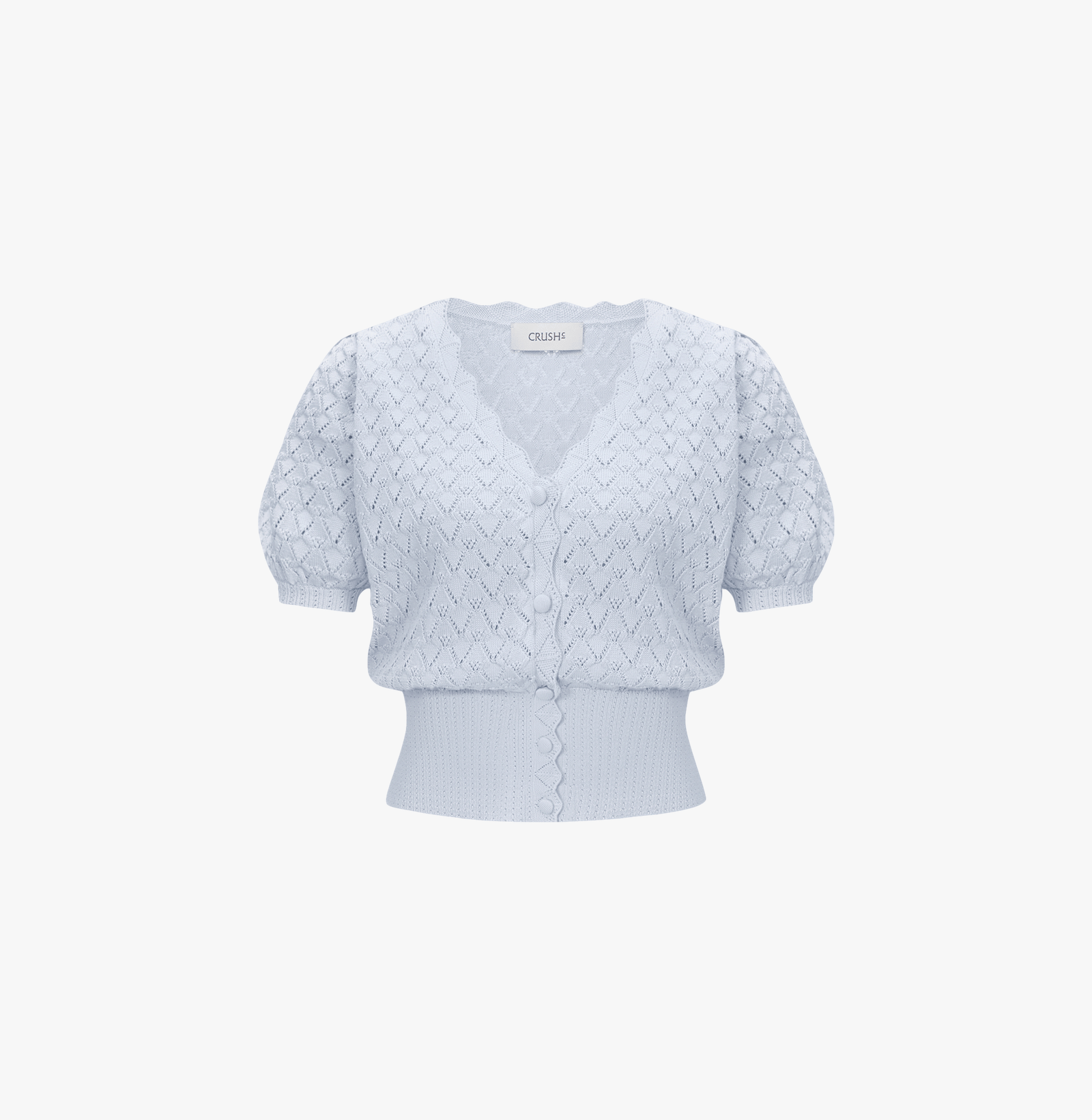 SHELL-HEM HOLLOW OUT SILK AND COTTON SHORT PUFF-SLEEVED CARDIGAN in Blue made by CRUSH Collection