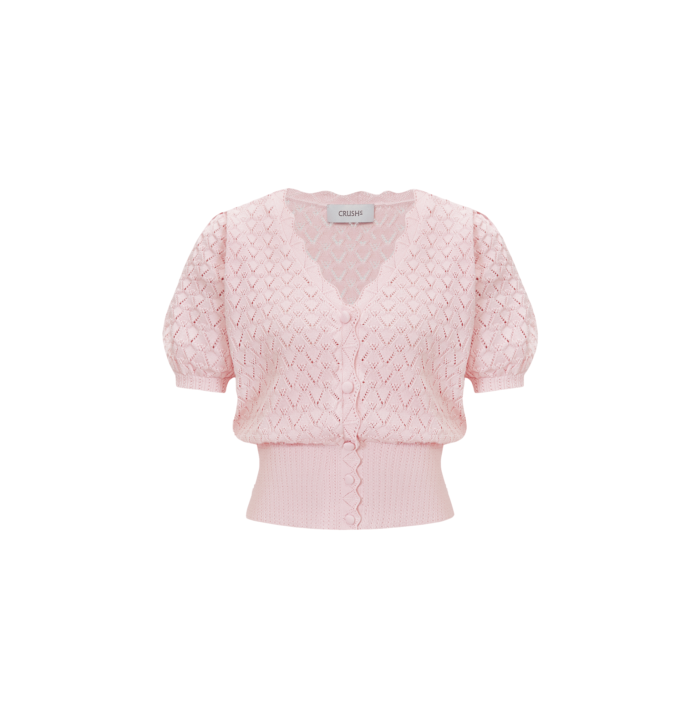 SHELL-HEM HOLLOW OUT SILK AND COTTON SHORT PUFF-SLEEVED CARDIGAN in Pink made by CRUSH Collection
