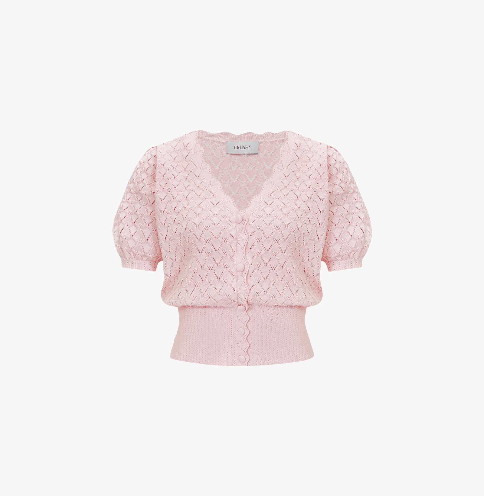 SHELL-HEM HOLLOW OUT SILK AND COTTON SHORT PUFF-SLEEVED CARDIGAN in Pink made by CRUSH Collection