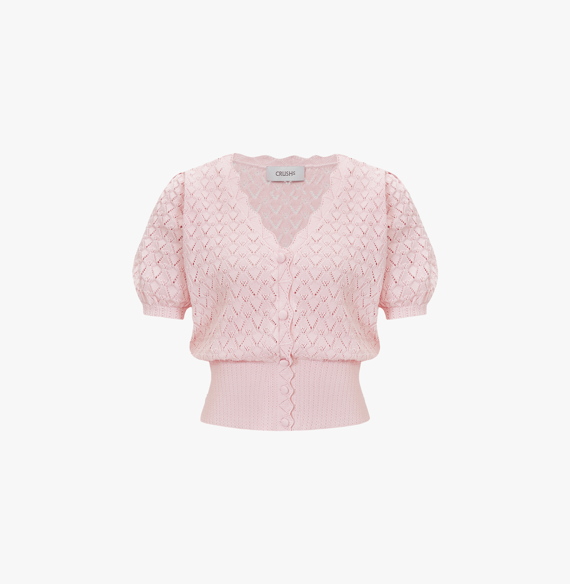 SHELL-HEM HOLLOW OUT SILK AND COTTON SHORT PUFF-SLEEVED CARDIGAN in Pink made by CRUSH Collection