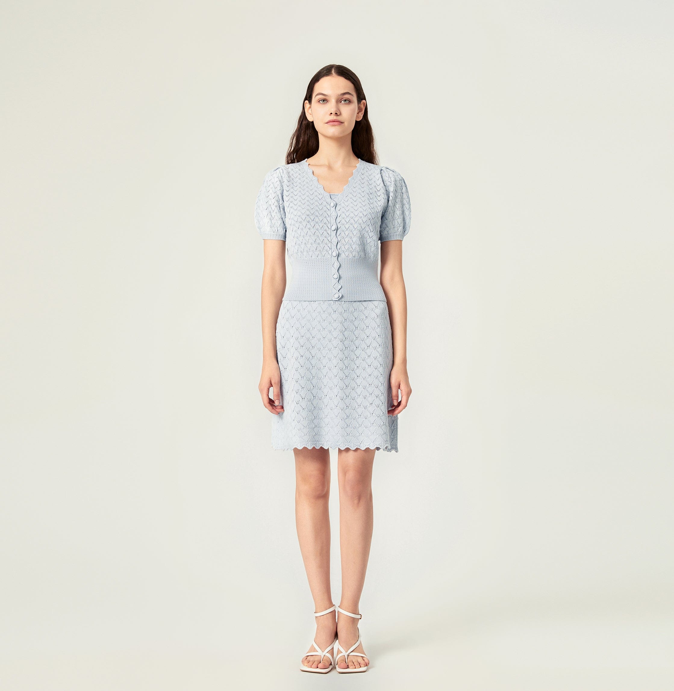 SHELL-HEM HOLLOW OUT SILK AND COTTON SHORT PUFF-SLEEVED CARDIGAN in Blue made by CRUSH Collection