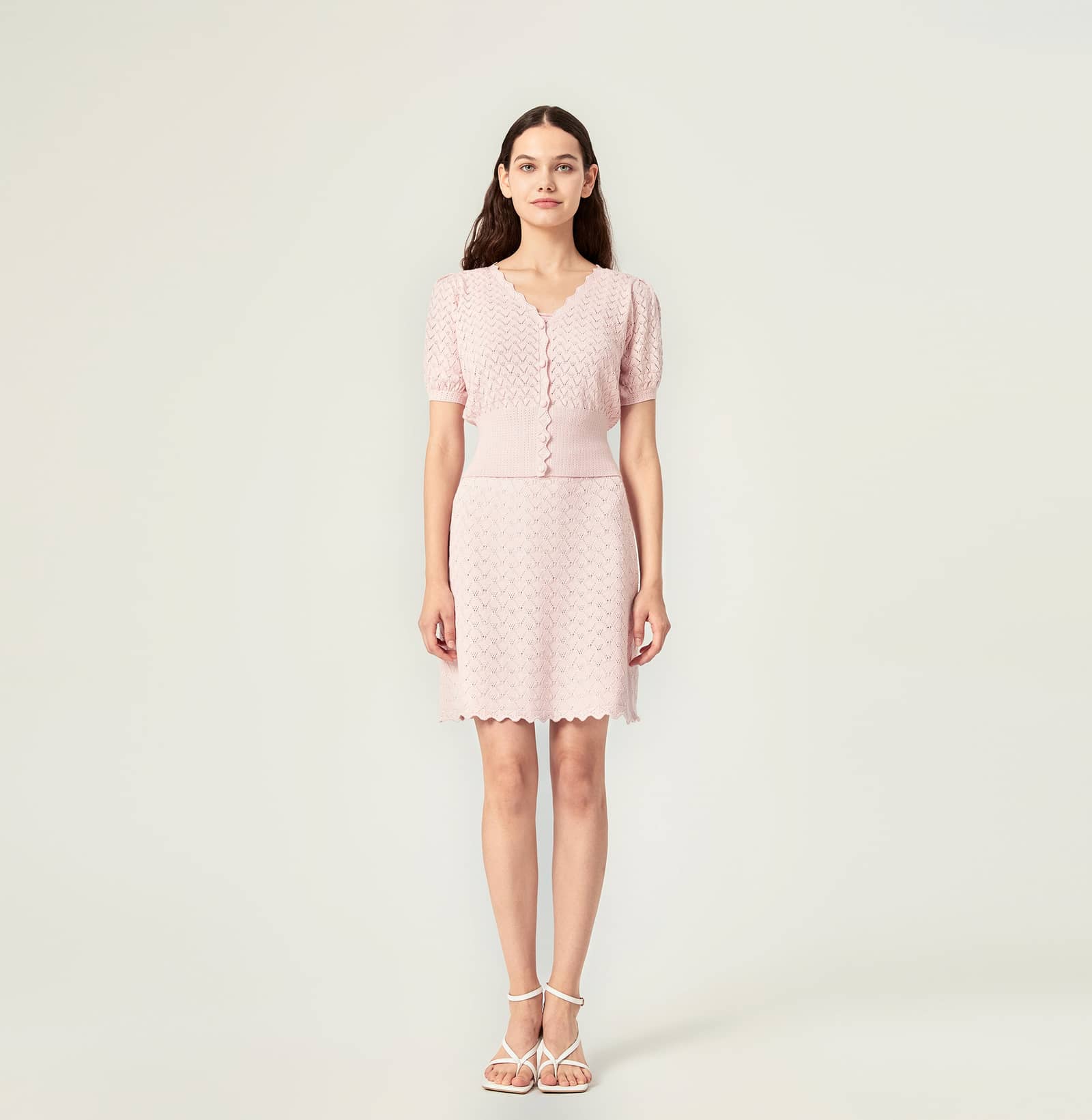 SHELL-HEM HOLLOW OUT SILK AND COTTON SHORT PUFF-SLEEVED CARDIGAN in Pink made by CRUSH Collection