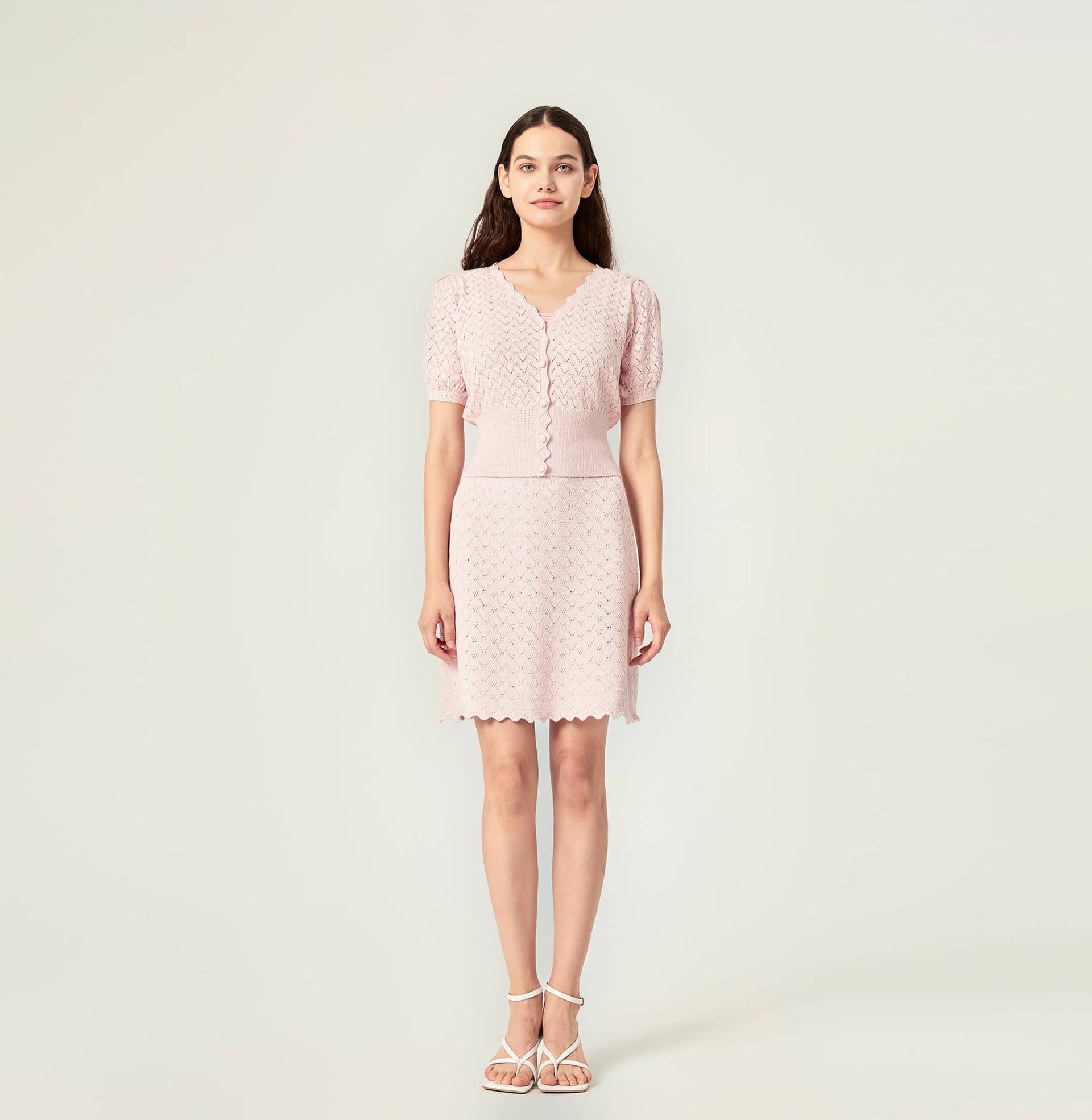 SHELL-HEM HOLLOW OUT SILK AND COTTON SHORT PUFF-SLEEVED CARDIGAN in Pink made by CRUSH Collection