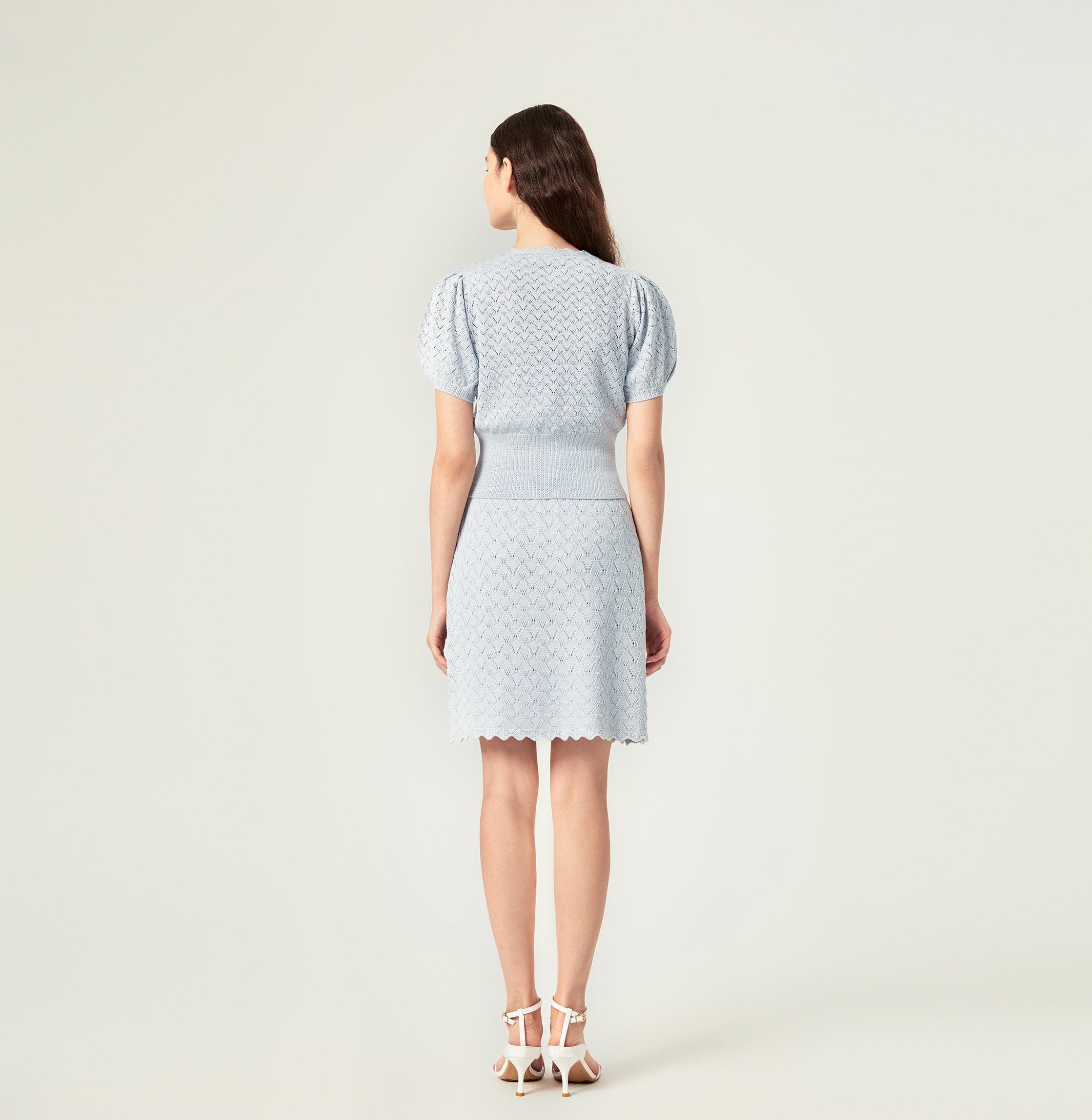 SHELL-HEM HOLLOW OUT SILK AND COTTON SHORT PUFF-SLEEVED CARDIGAN in Blue made by CRUSH Collection