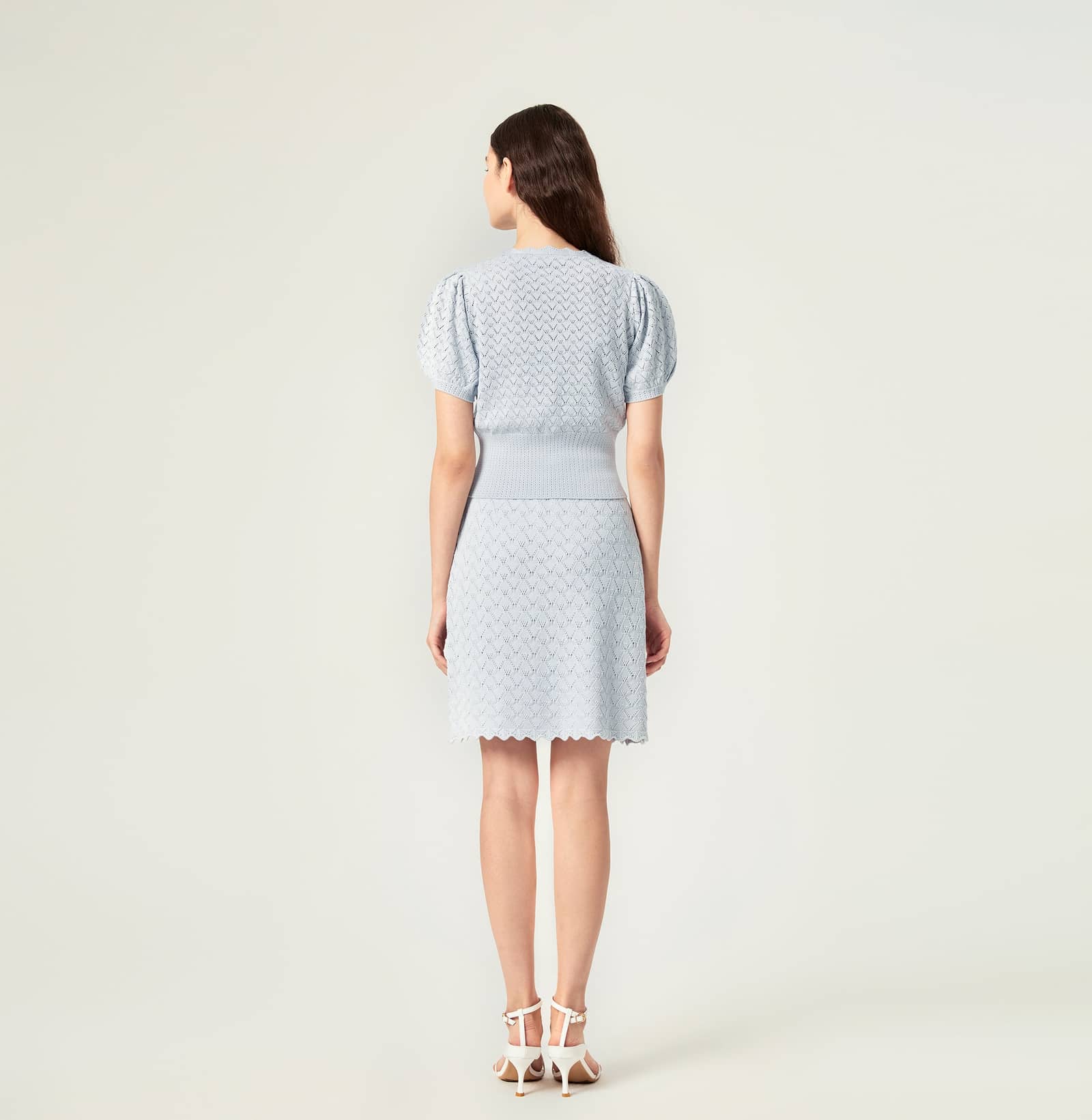 SHELL-HEM HOLLOW OUT SILK AND COTTON SHORT PUFF-SLEEVED CARDIGAN in Blue made by CRUSH Collection