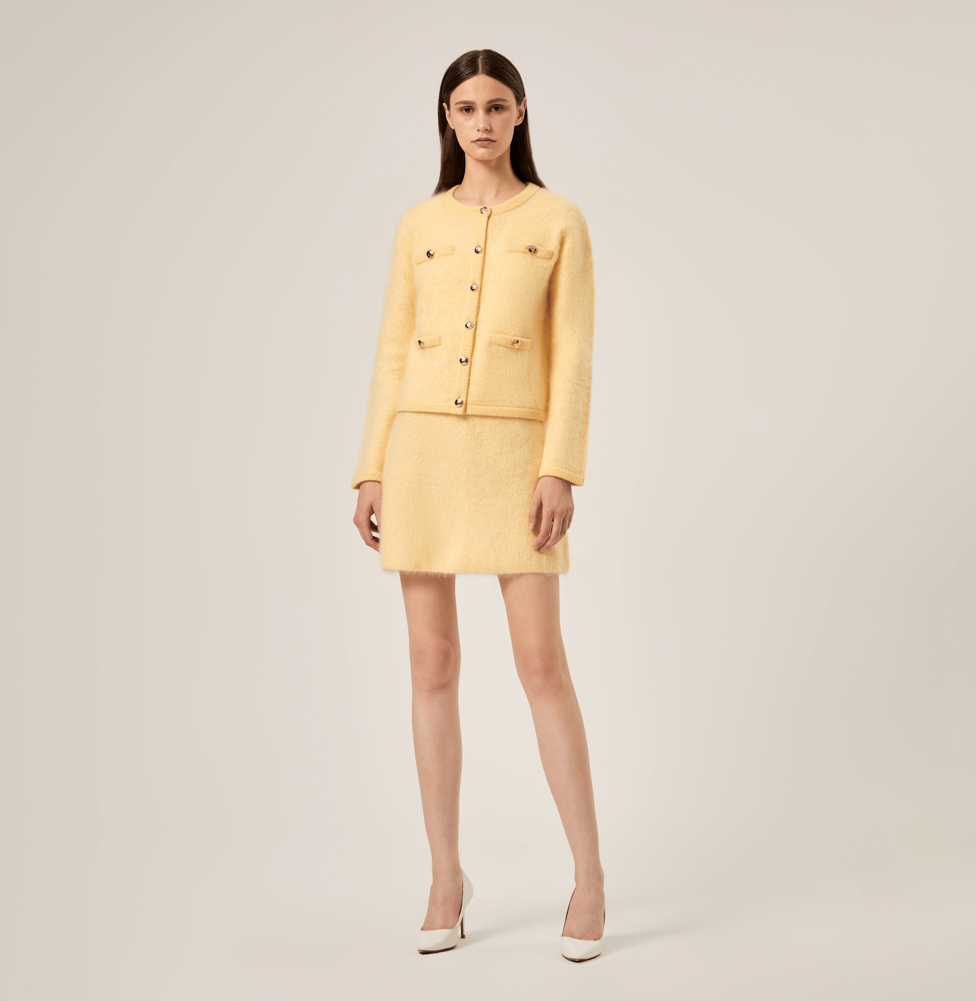 FLUFFY CASHMERE CREWNECK CARDIGAN in Yellow made by CRUSH Collection