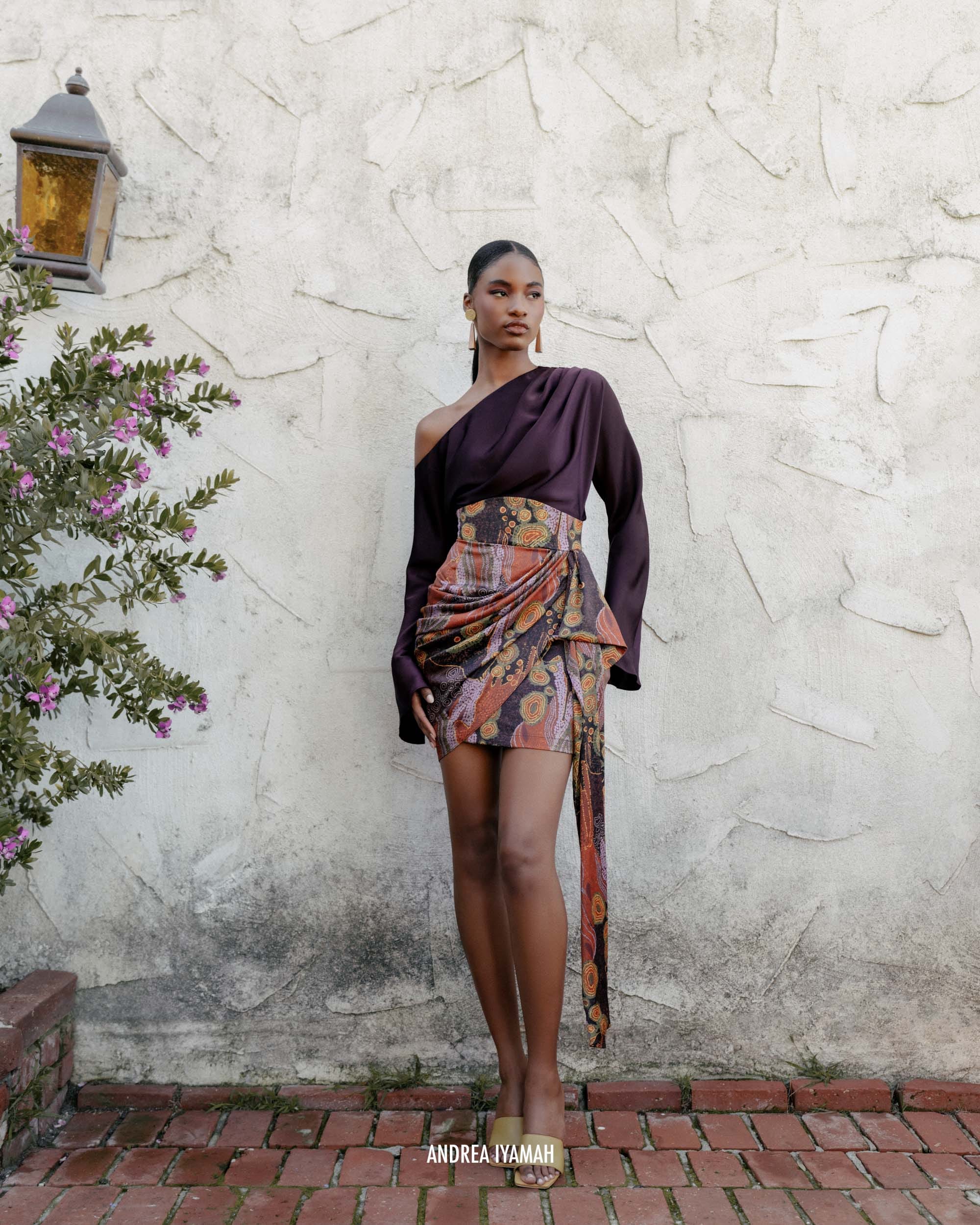 RIDA DRAPE MINI SKIRT - KAVA PRINT made by Andrea Iyamah