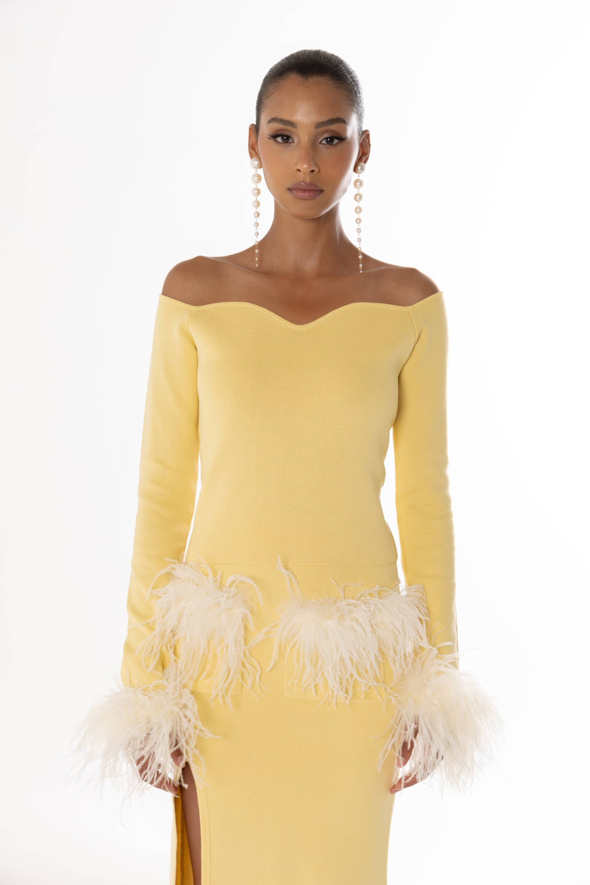 Yellow Vanilla Knit Top With Detachable Feathers Cuffs made by ANDREEVA
