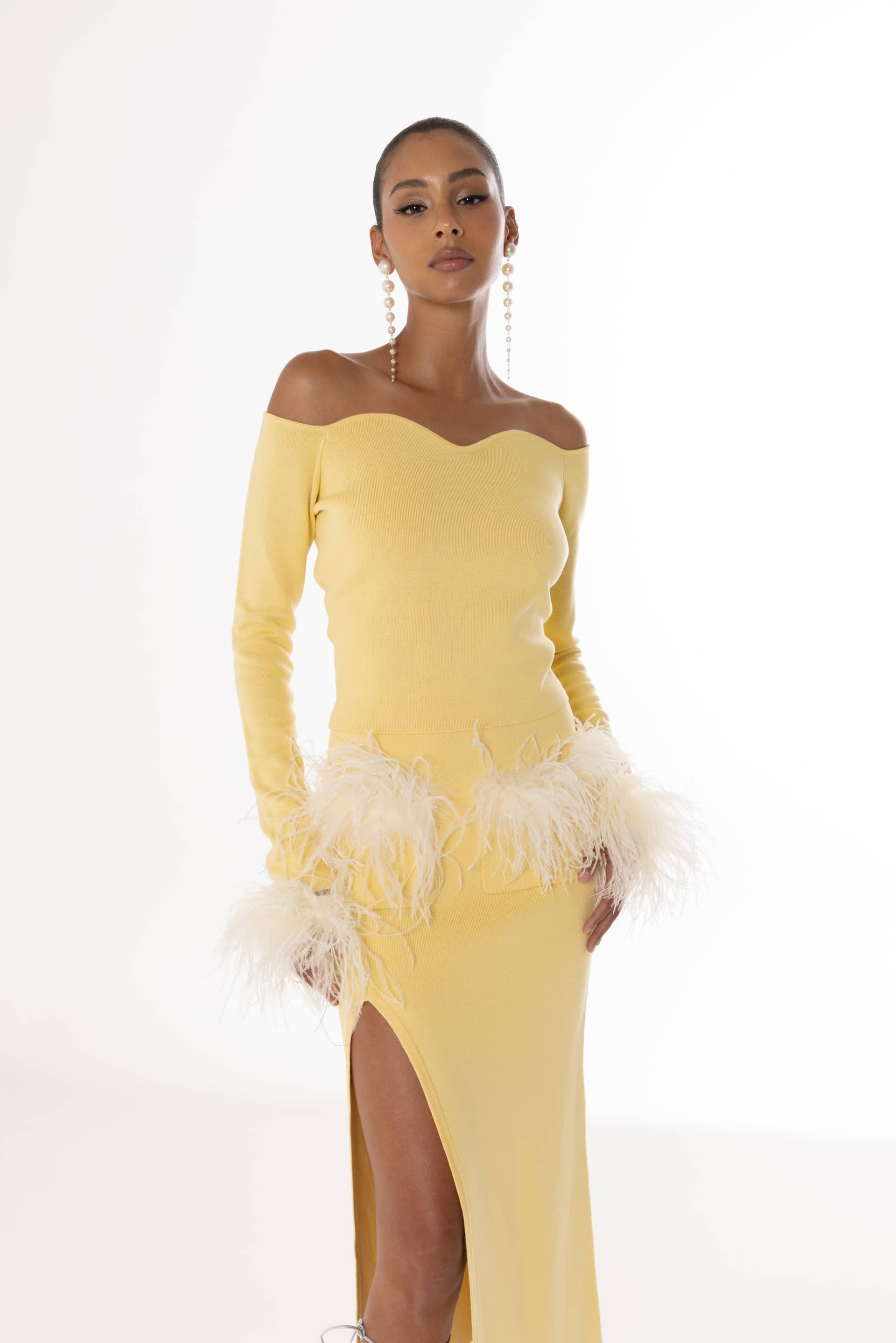 Yellow Vanilla Knit Top With Detachable Feathers Cuffs made by ANDREEVA