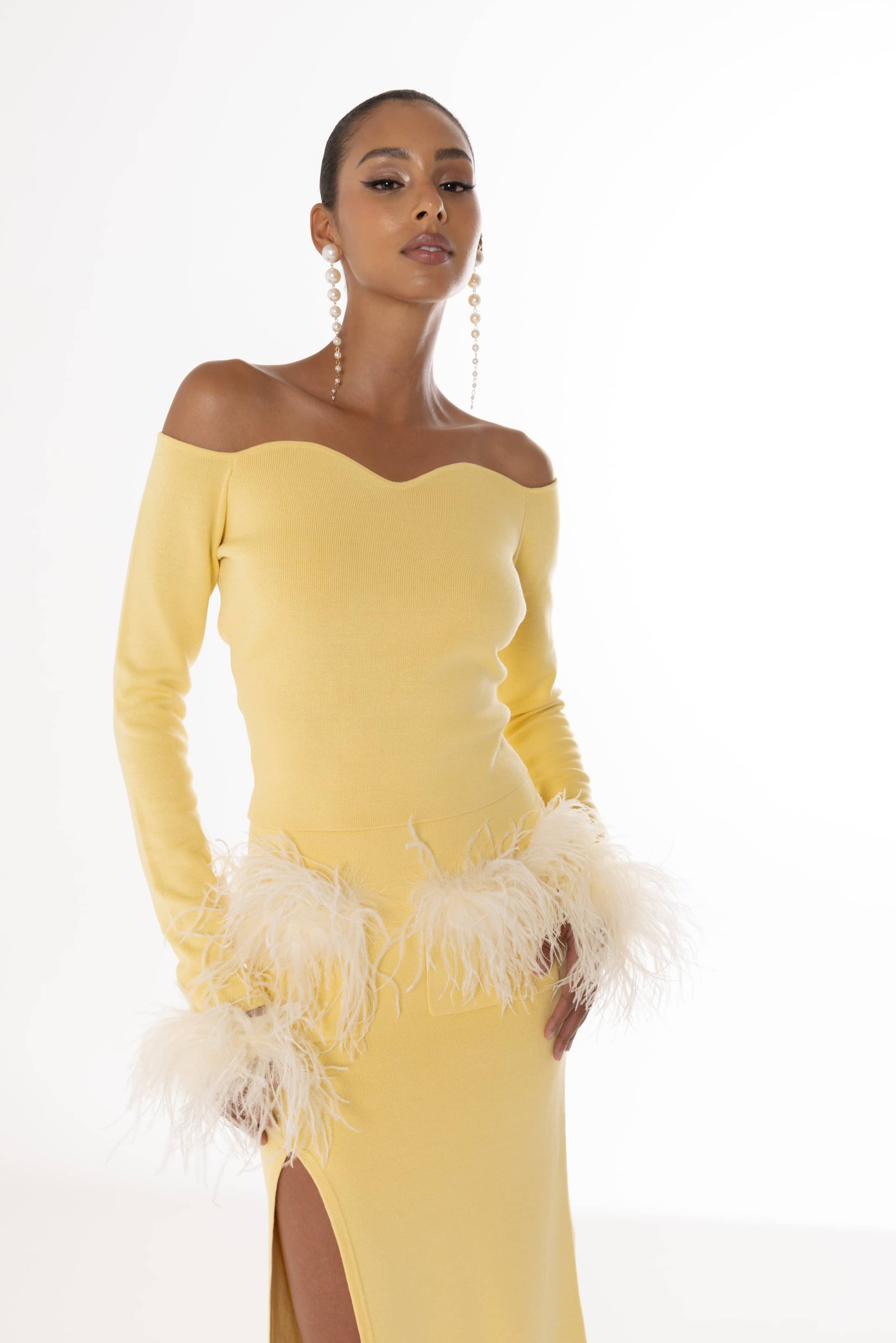 Yellow Vanilla Knit Top With Detachable Feathers Cuffs made by ANDREEVA