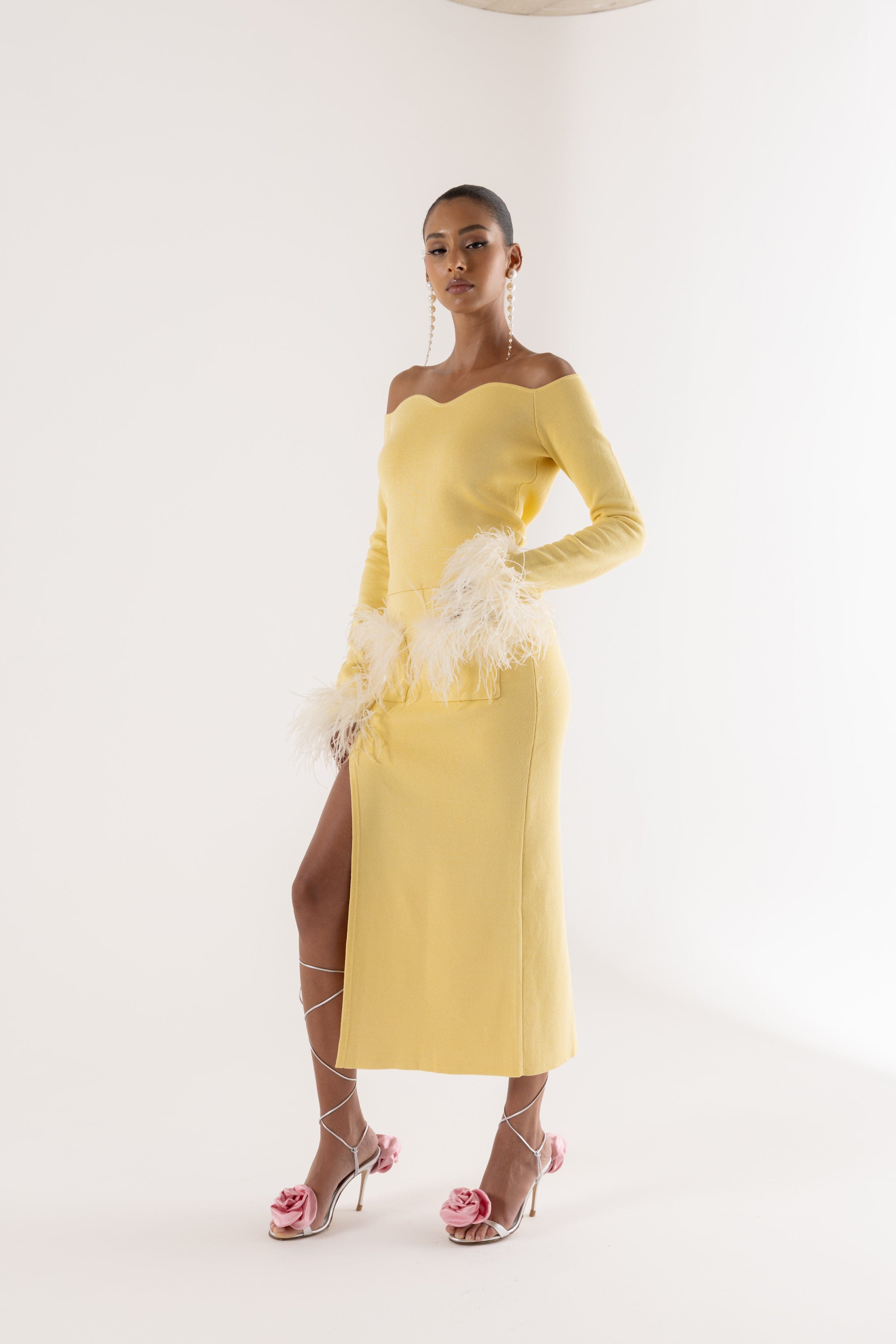 Yellow Vanilla Knit Top With Detachable Feathers Cuffs made by ANDREEVA