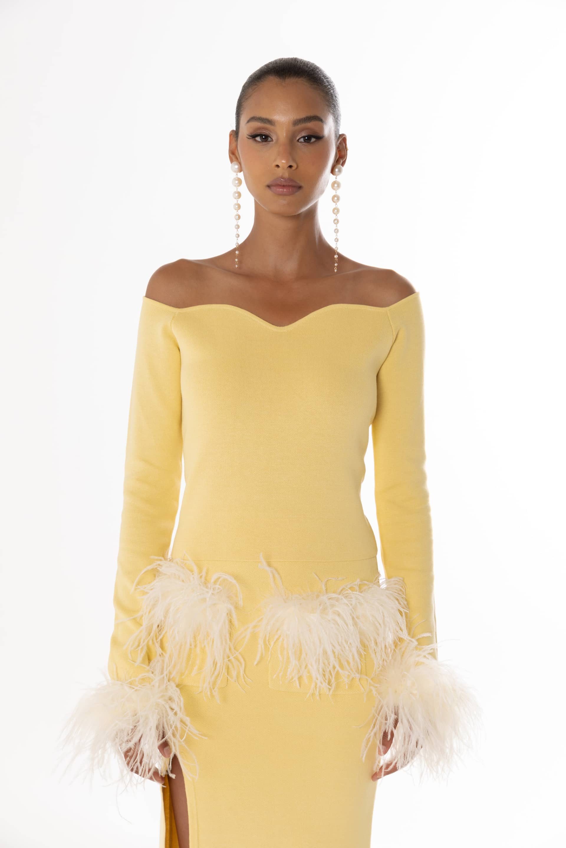 Yellow Vanilla Knit Top With Detachable Feathers Cuffs made by ANDREEVA