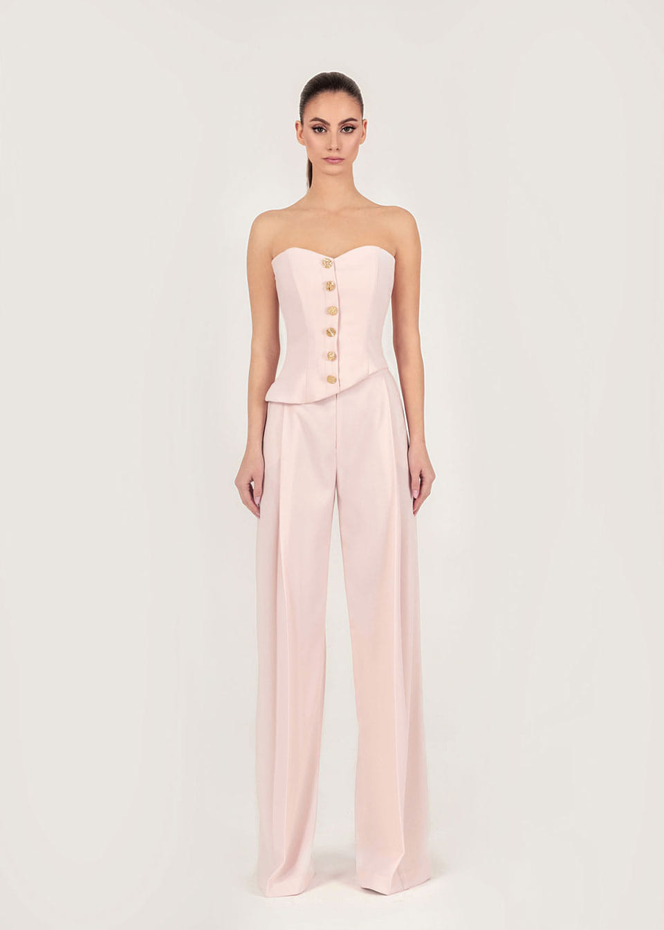 Asymmetric gold-detailed crepe corset made by Monika Dimova