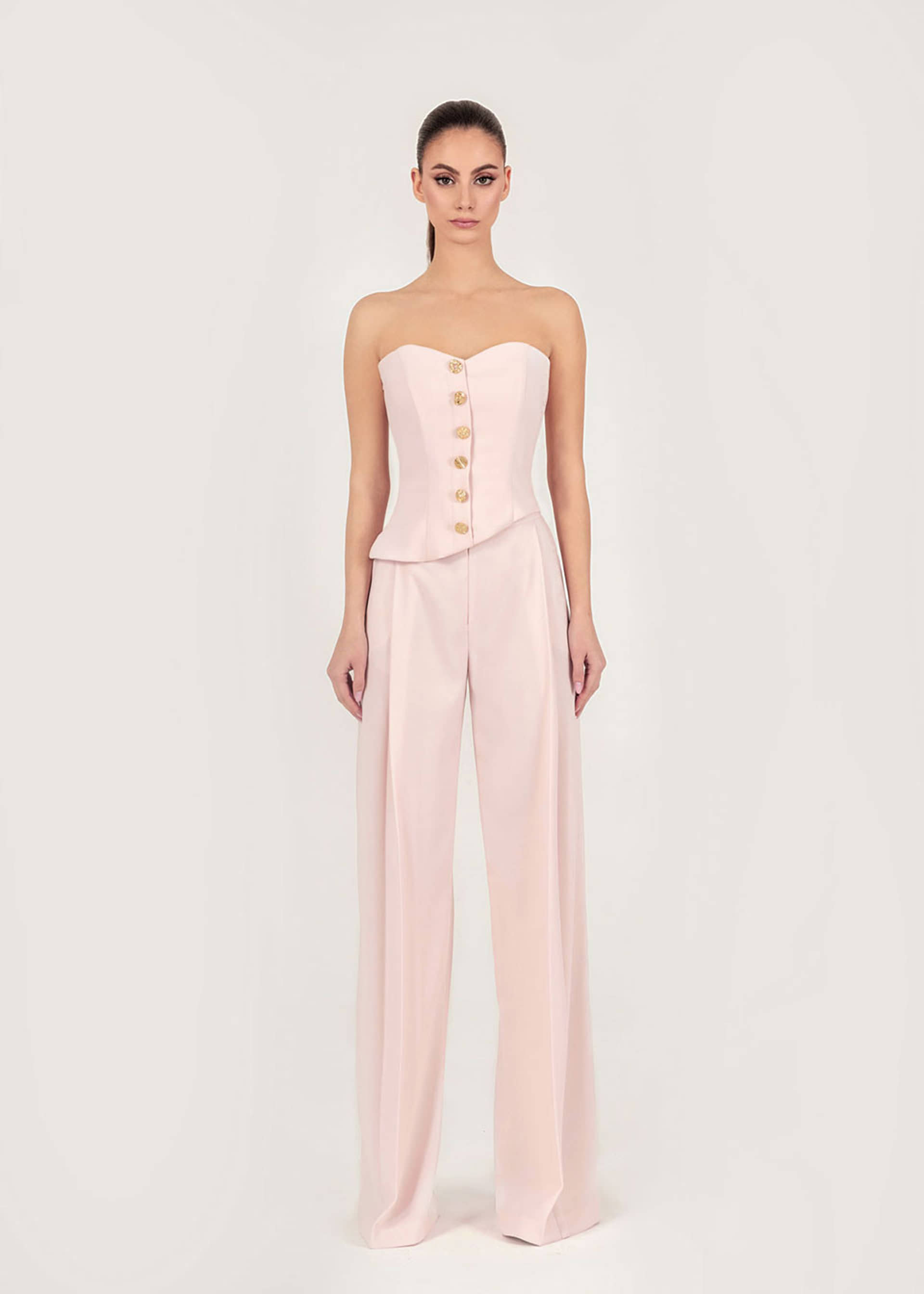 Asymmetric gold-detailed crepe corset made by Monika Dimova