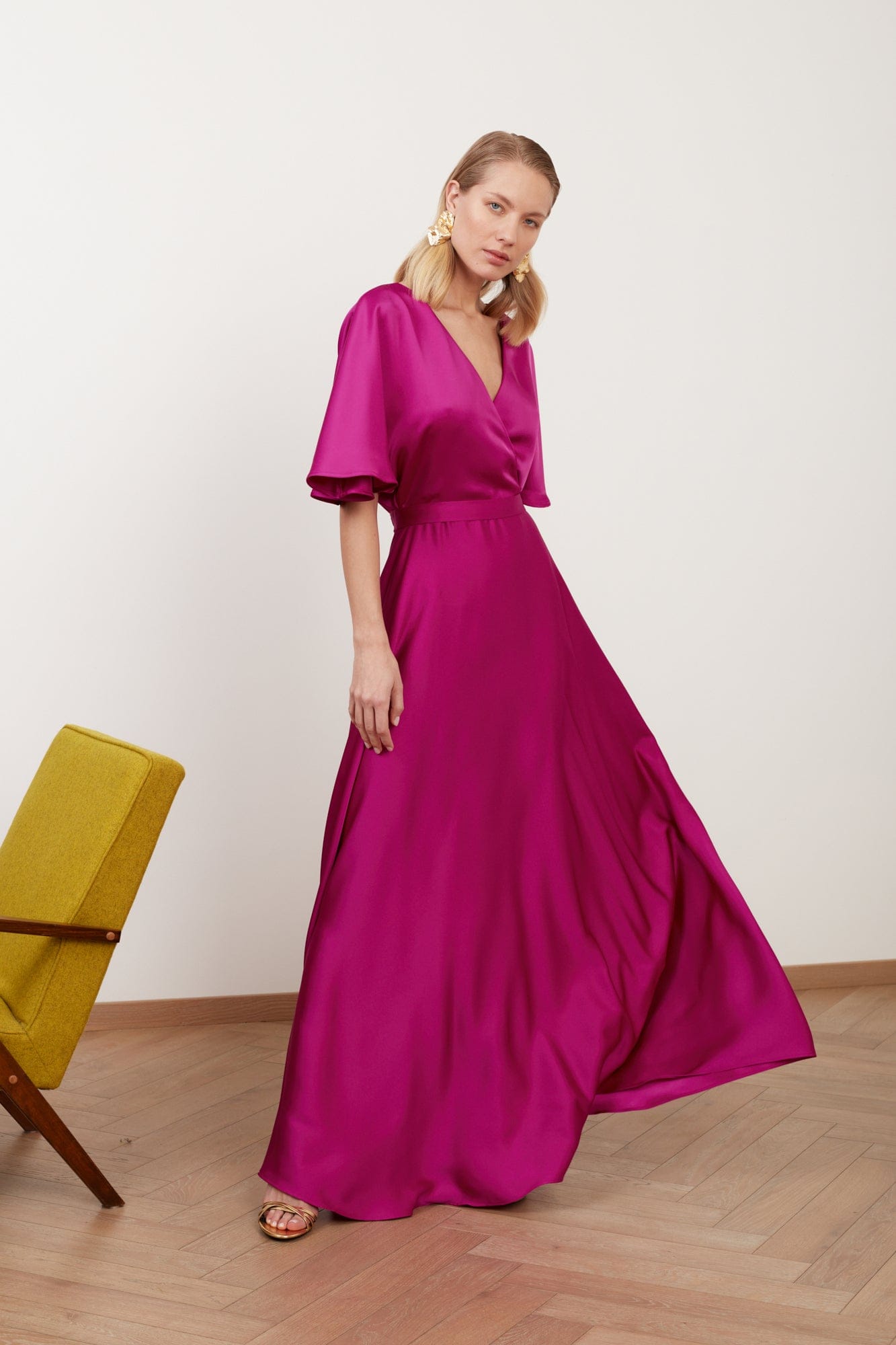 SOLENE fuchsia satin long wedding guest dress made by UNDRESS