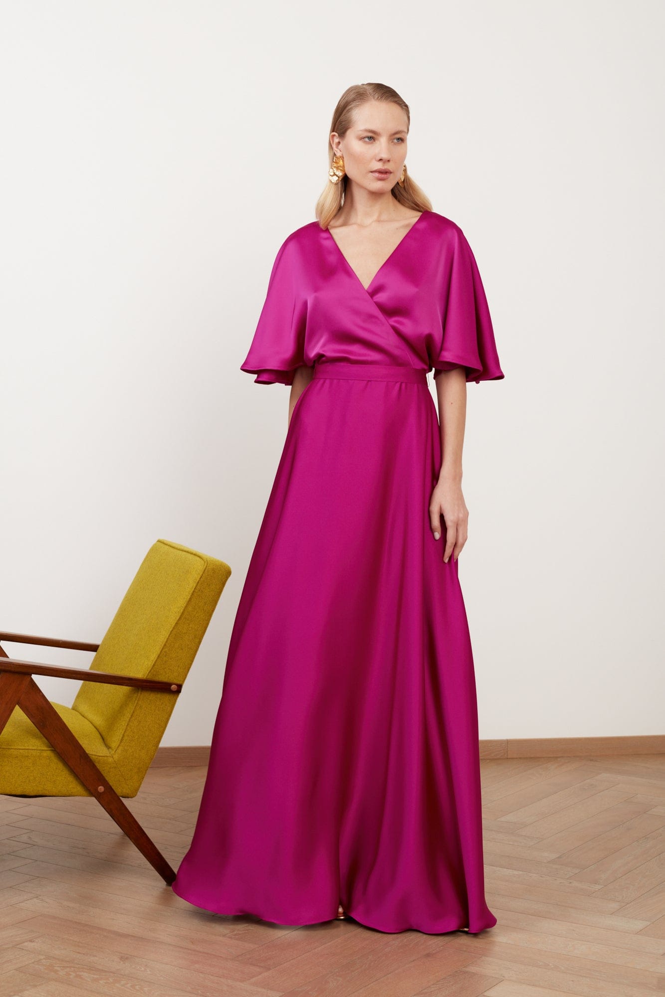 SOLENE fuchsia satin long wedding guest dress made by UNDRESS