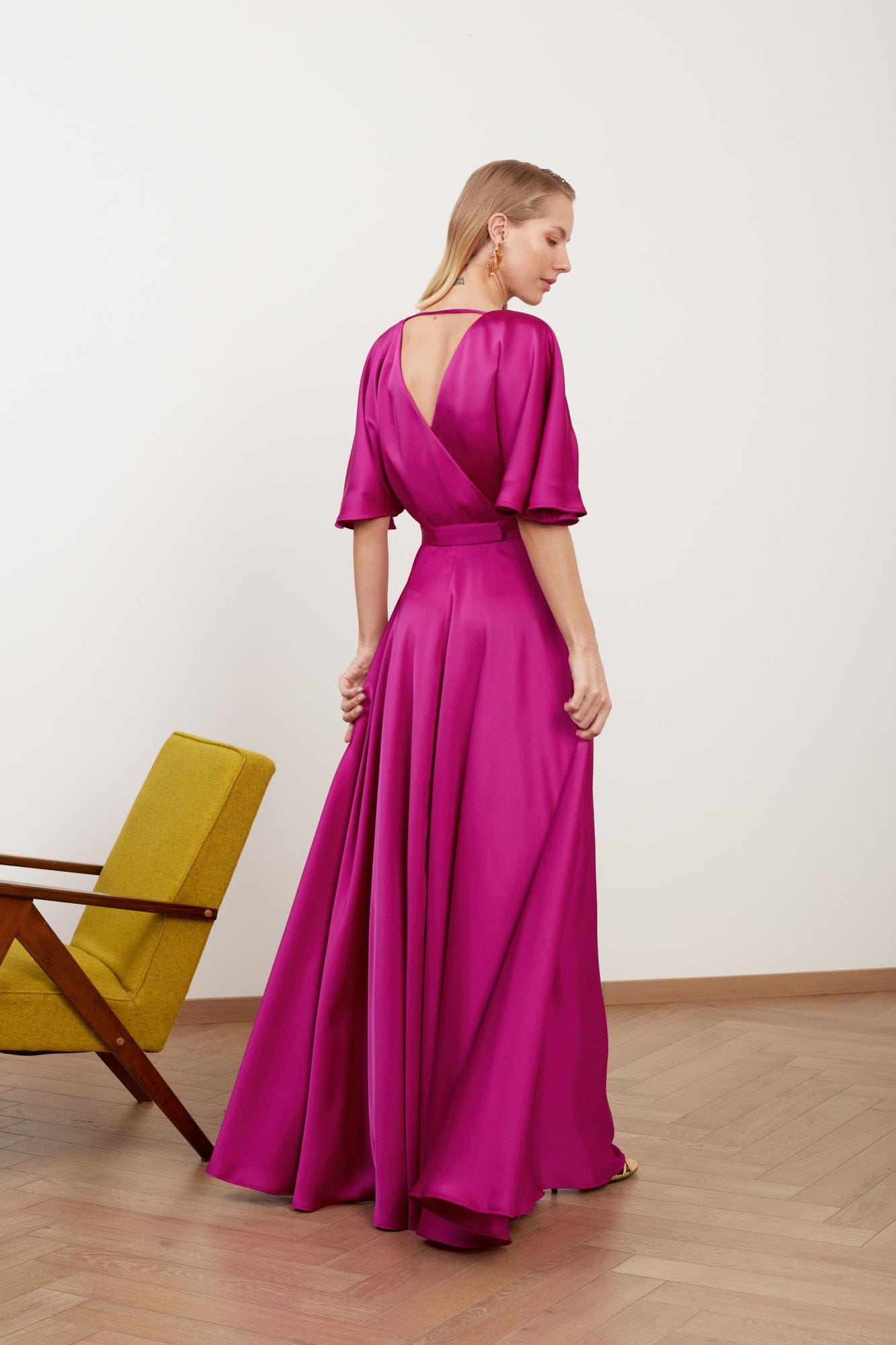 SOLENE fuchsia satin long wedding guest dress made by UNDRESS