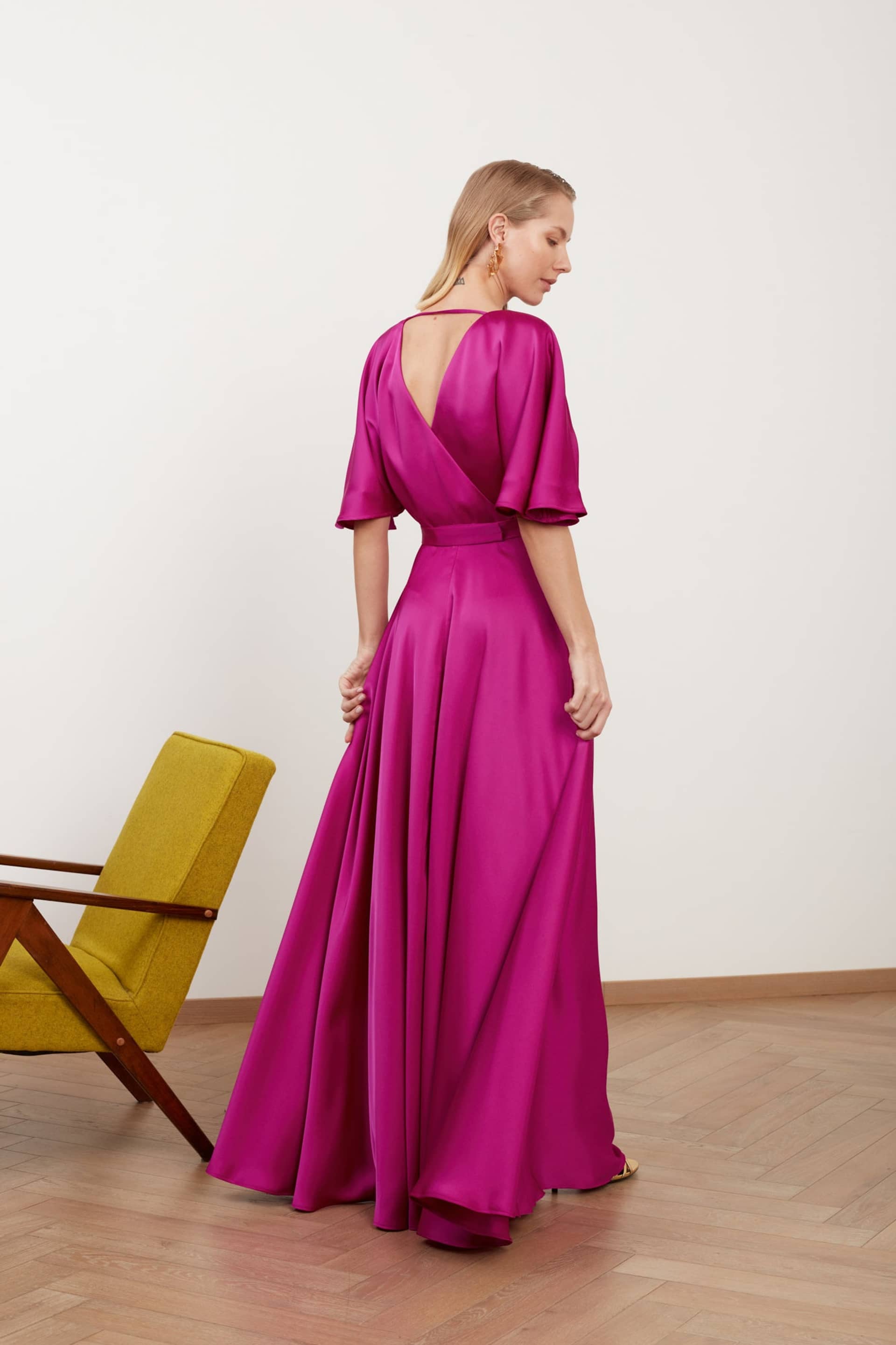 SOLENE fuchsia satin long wedding guest dress made by UNDRESS