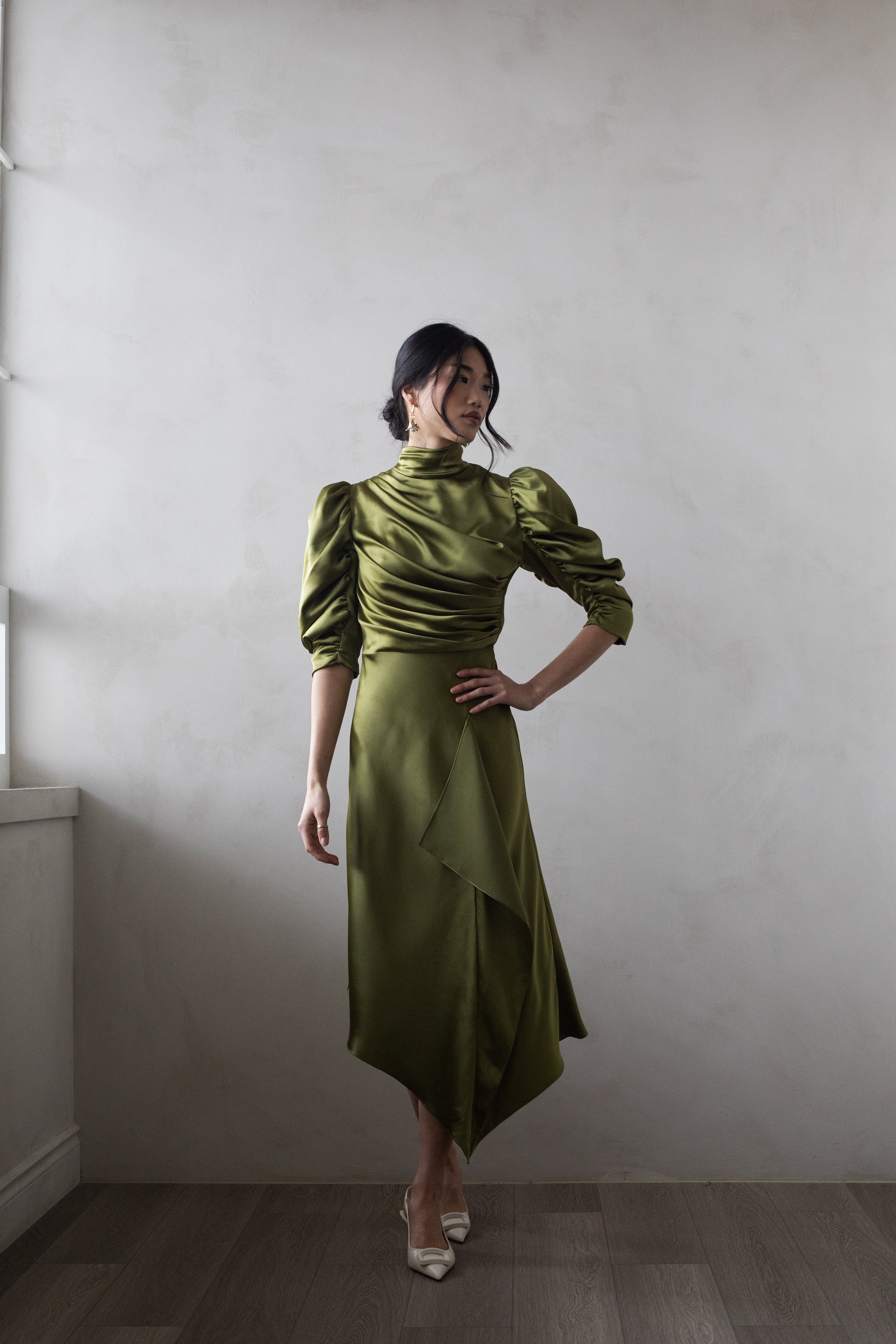 FLAVIA SATIN DRAPED DRESS MIDI in Green made by Vasiliki