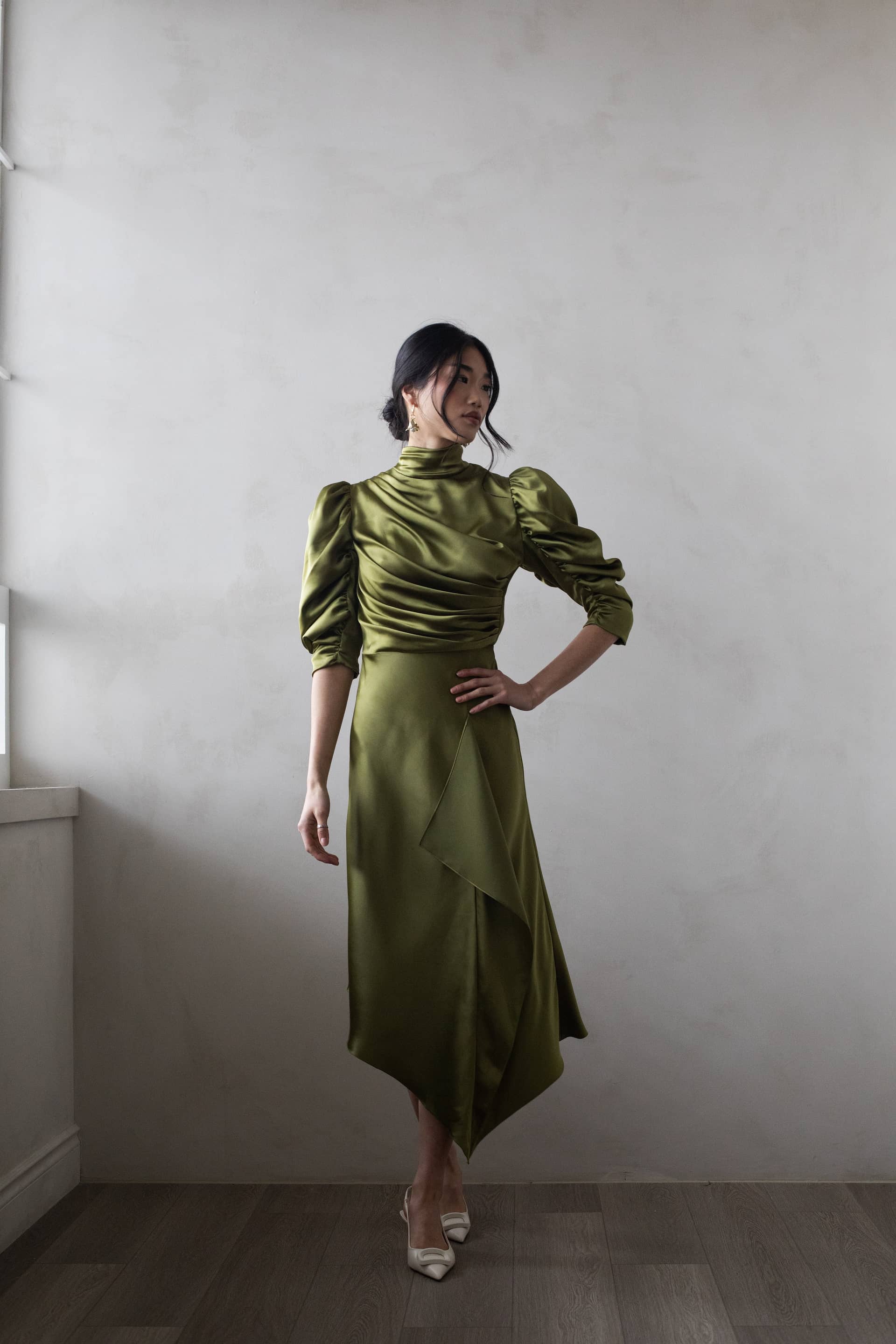 FLAVIA SATIN DRAPED DRESS MIDI in Green made by Vasiliki