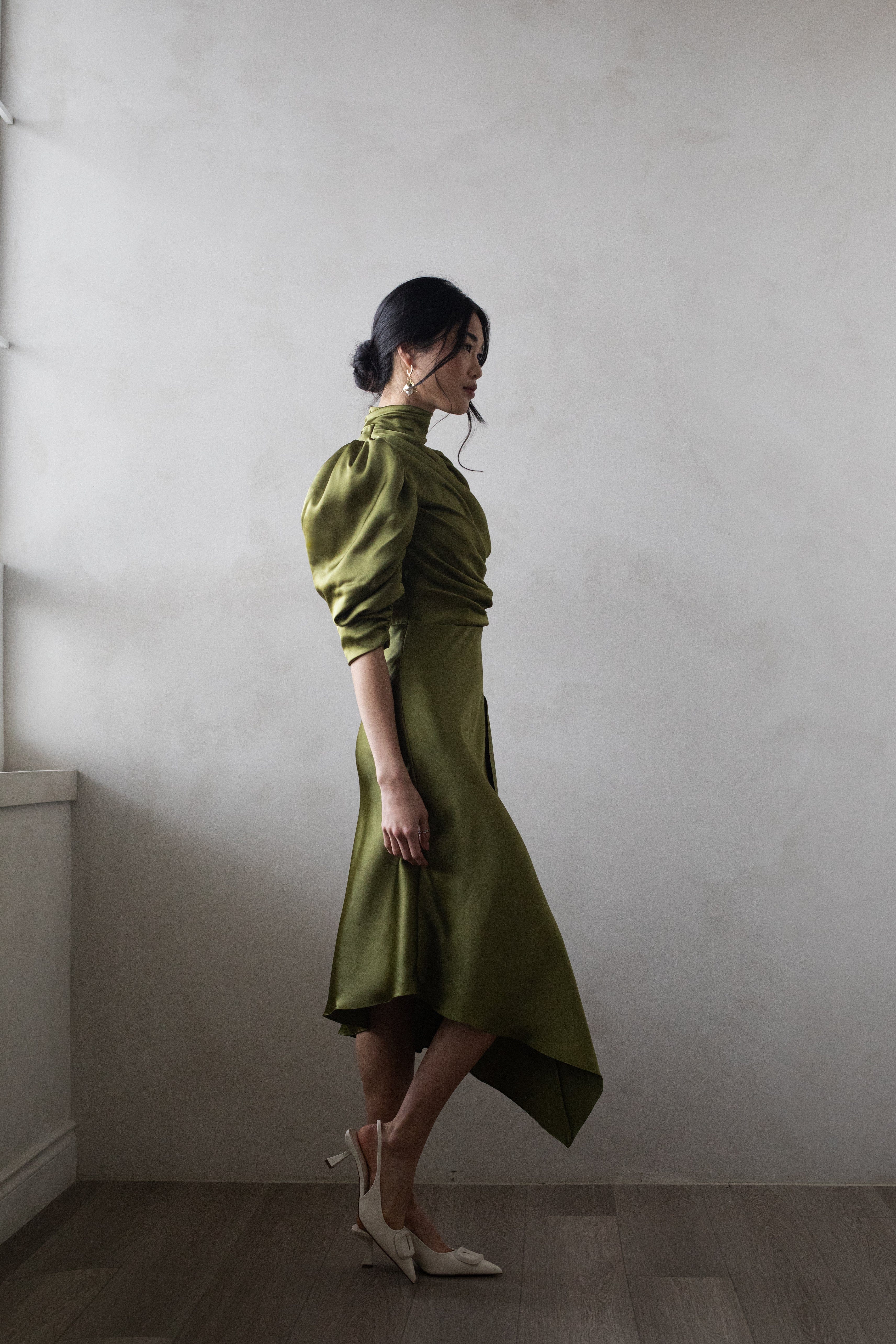 FLAVIA SATIN DRAPED DRESS MIDI in Green made by Vasiliki