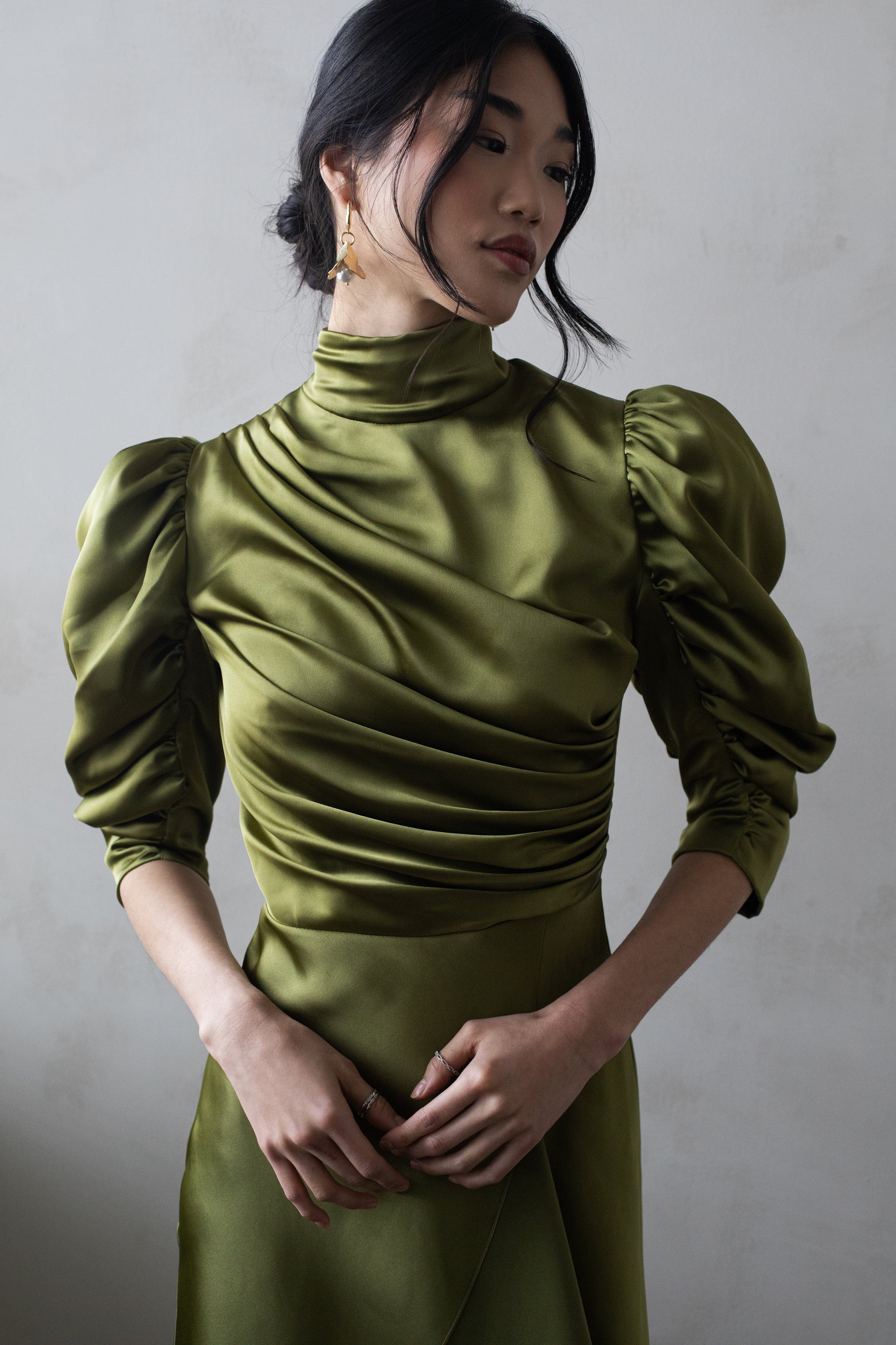 FLAVIA SATIN DRAPED DRESS MIDI in Green made by Vasiliki