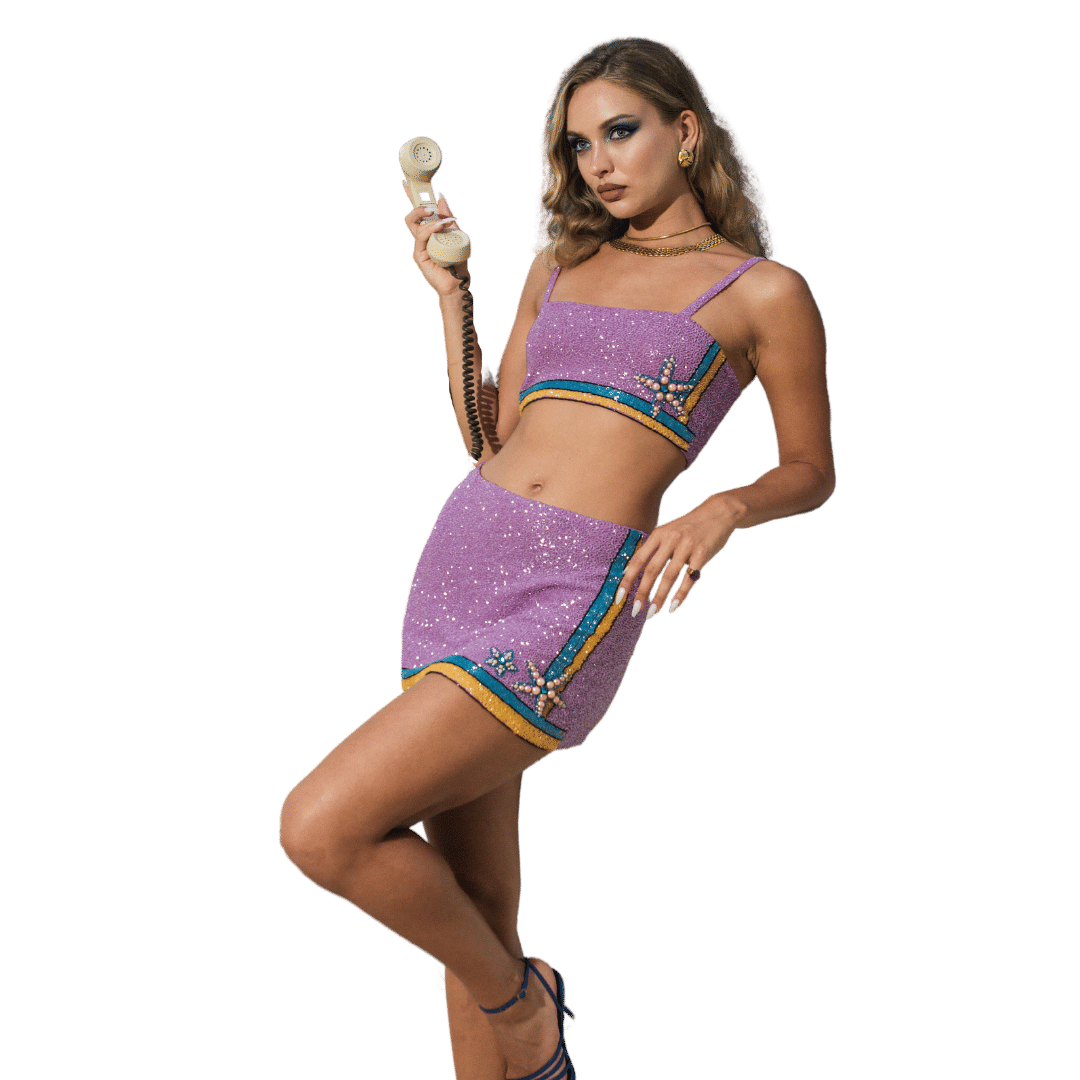 Monni Co-ord Hand Embroidered Crystal Purple Skirt in Purple made by Oceanus Swimwear