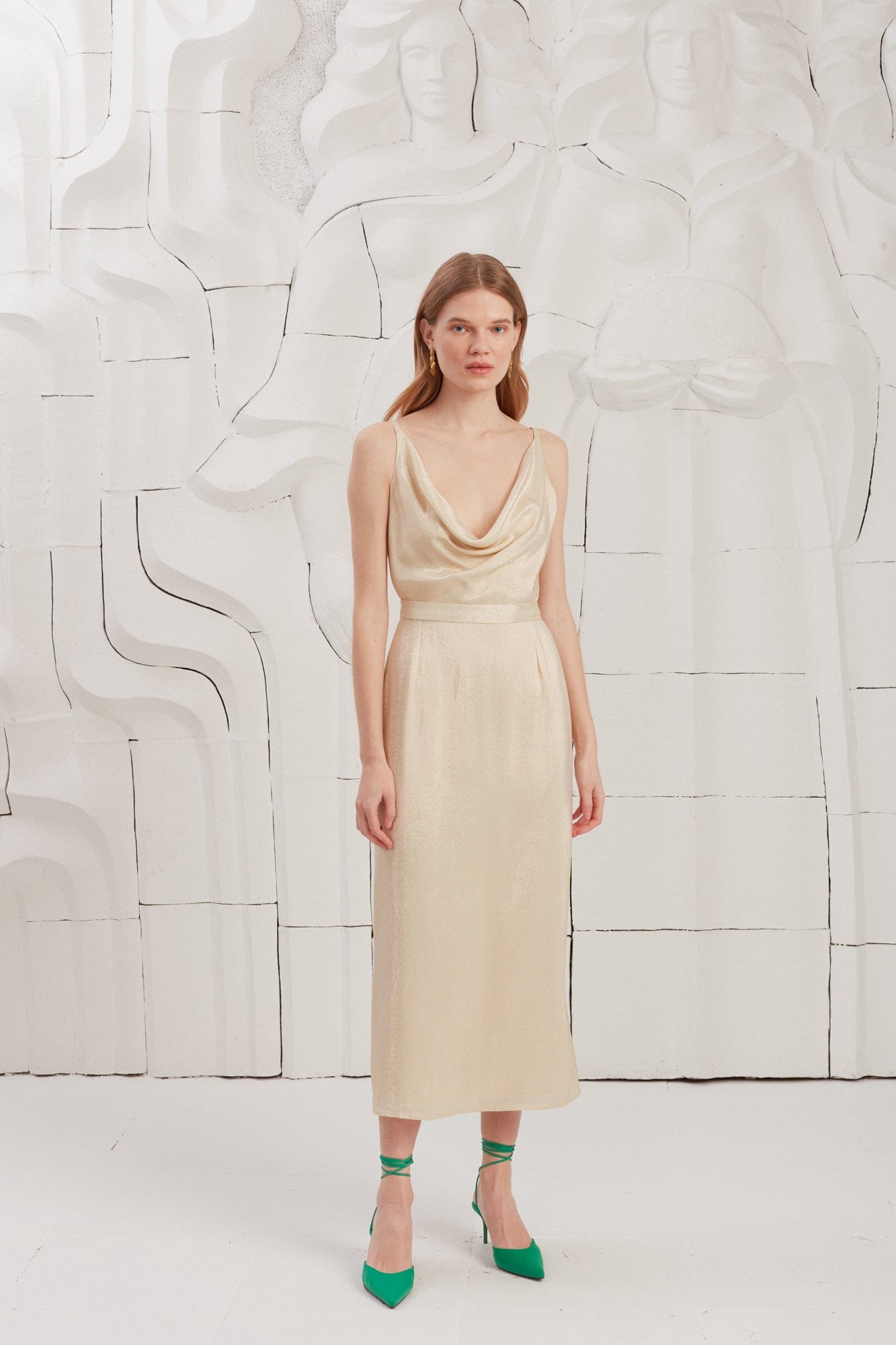 KAMEA beige gold open back midi dress made by UNDRESS
