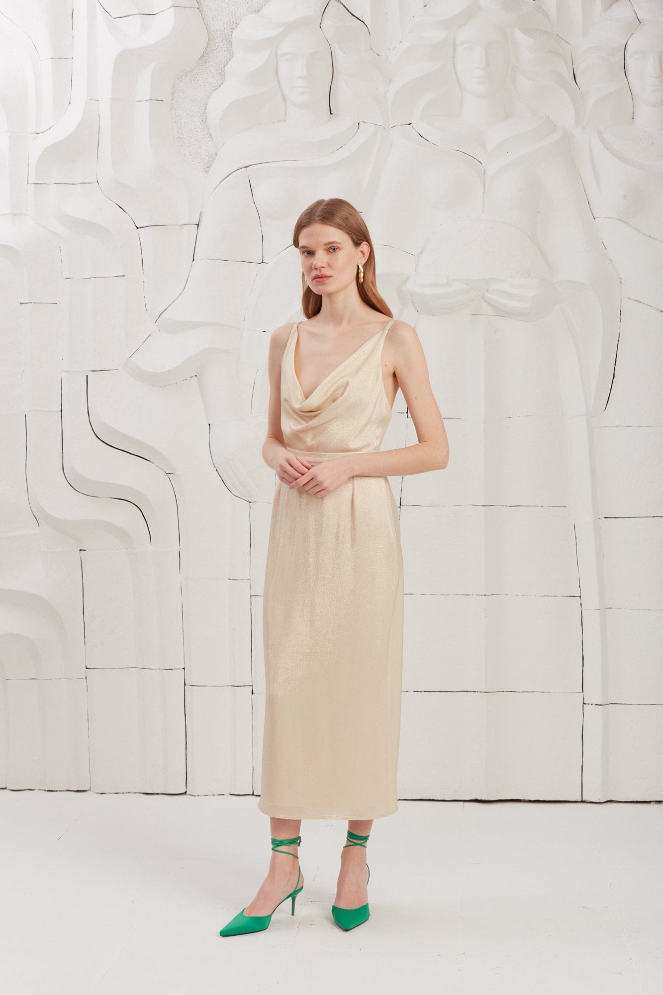 KAMEA beige gold open back midi dress made by UNDRESS