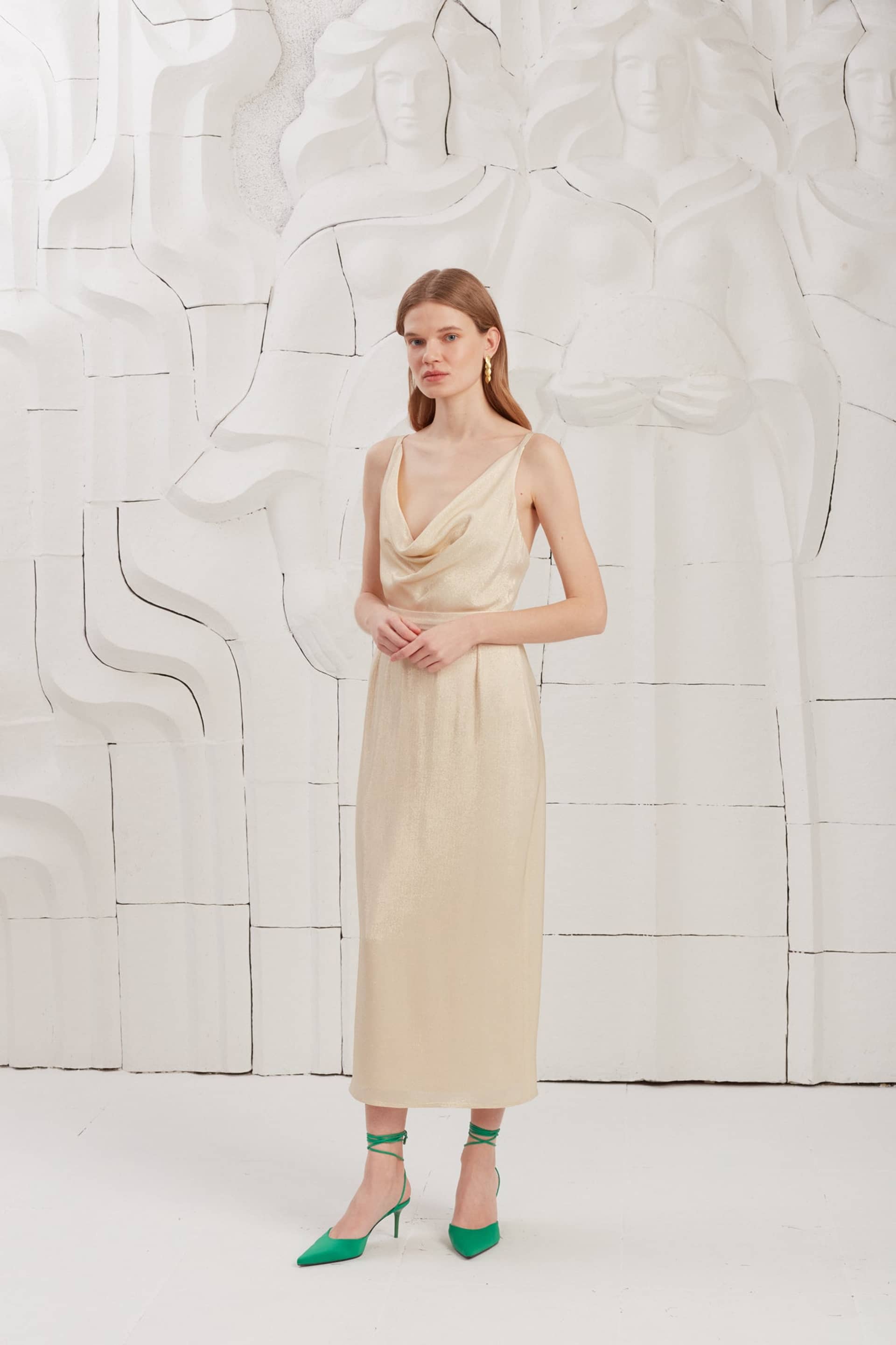 KAMEA beige gold open back midi dress made by UNDRESS