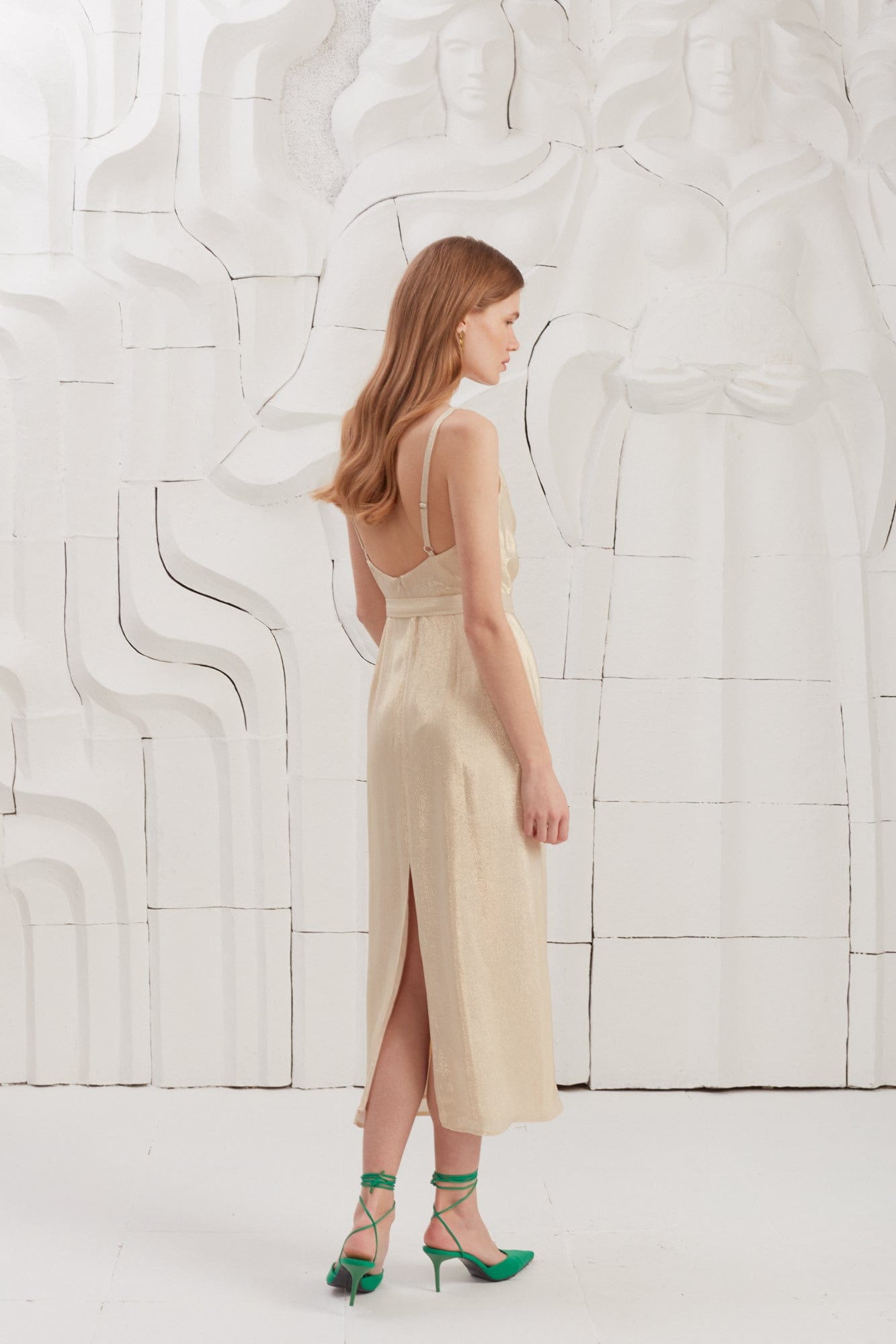 KAMEA beige gold open back midi dress made by UNDRESS